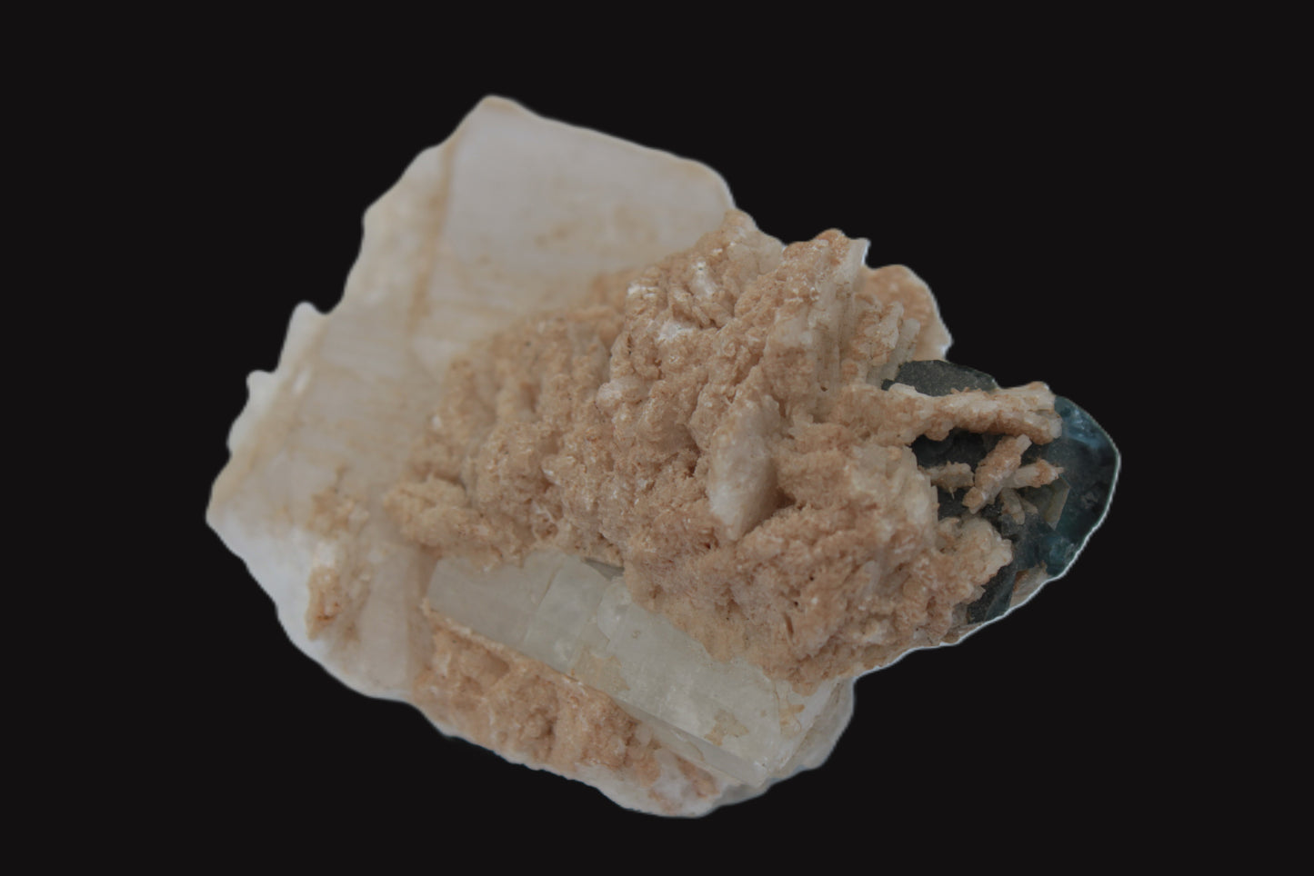 Large bi-colour terminated Green Tourmaline, Clear Aquamarine & Lepidolite on Calcite 118.9g Rocks and Things