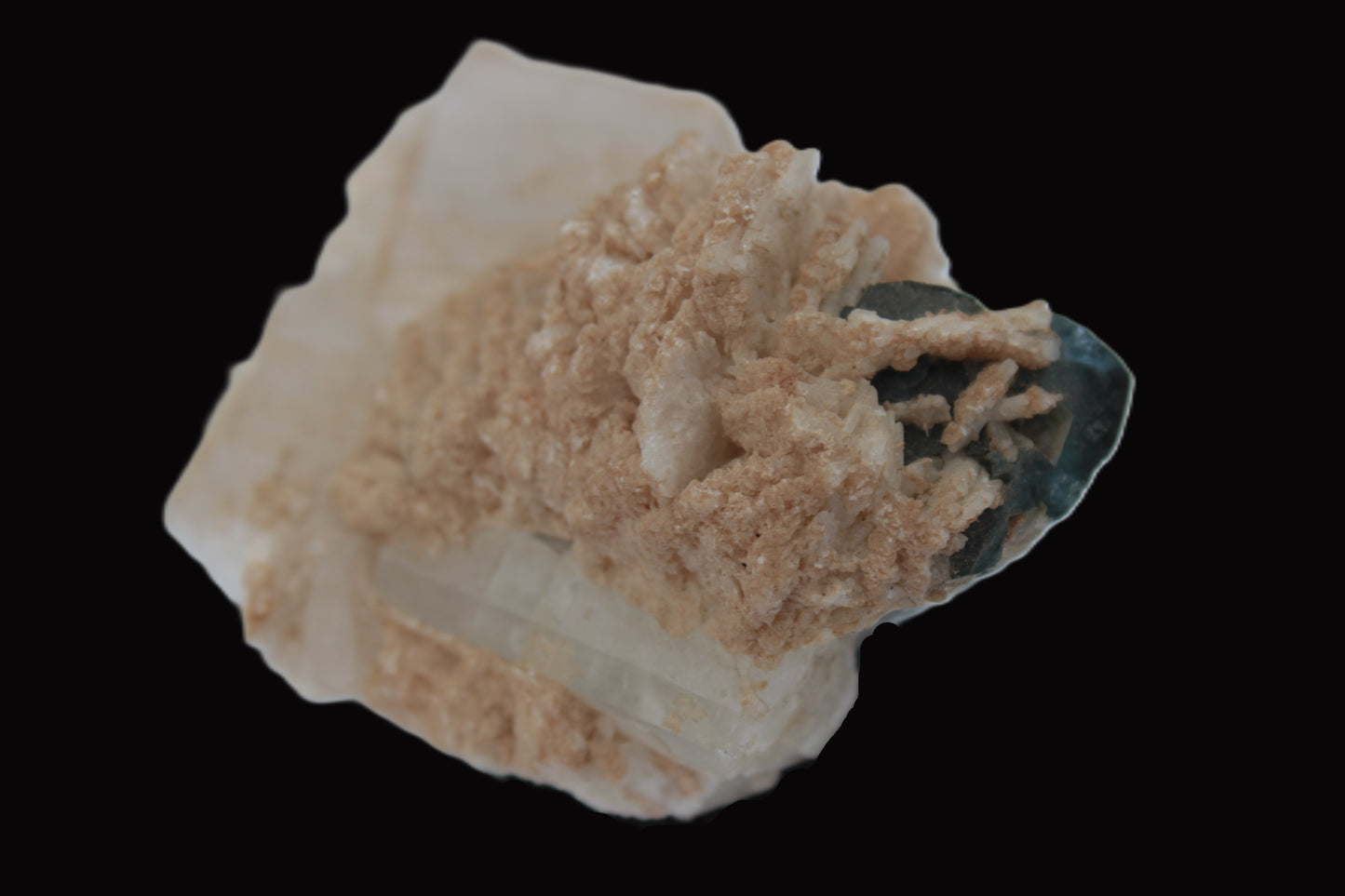 Large bi-colour terminated Green Tourmaline, Clear Aquamarine & Lepidolite on Calcite 118.9g Rocks and Things