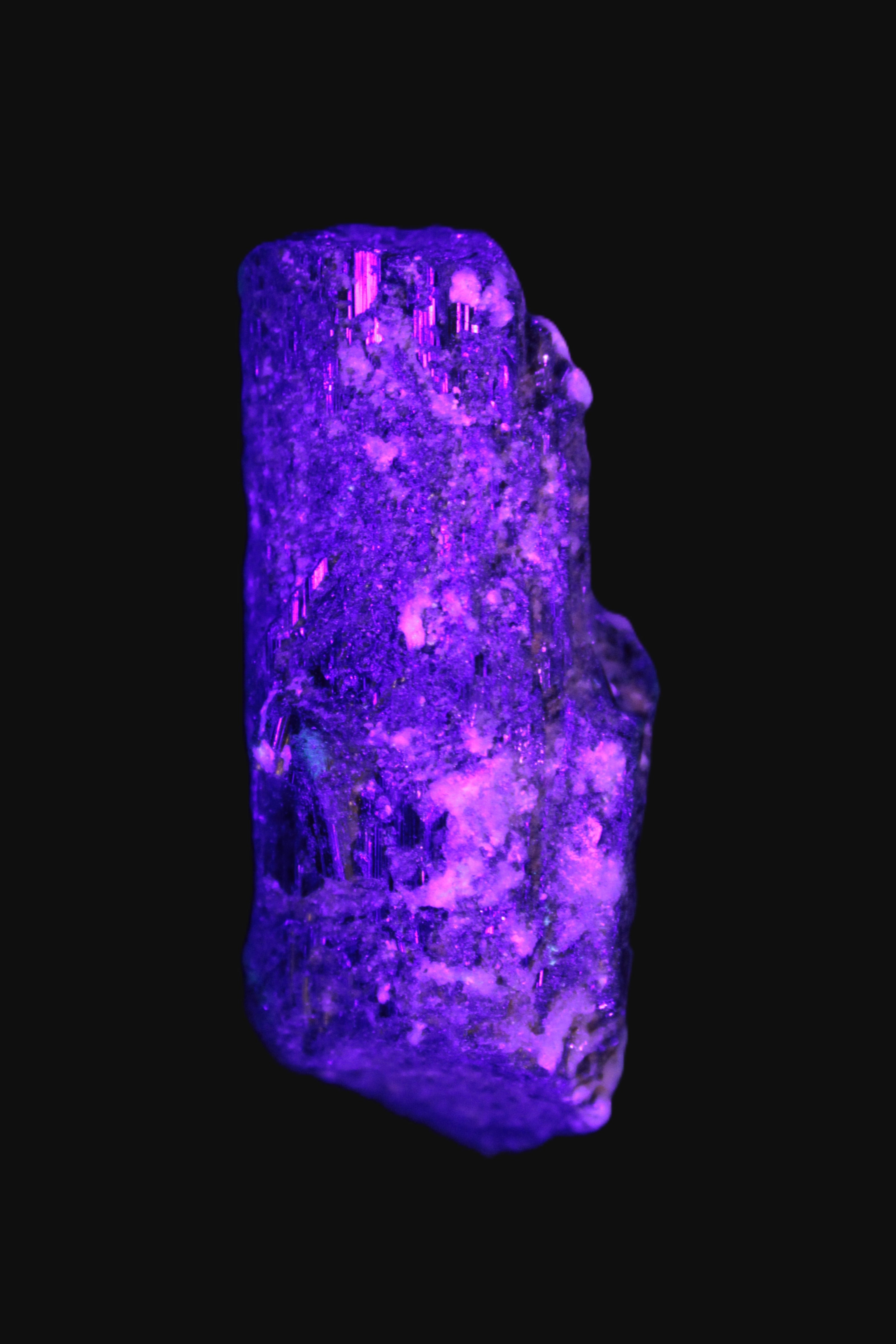 Black Tourmaline crystal with Feldspar & Mica 55mm 250.7ct  50.2g in UV light - Rocks and Things Store