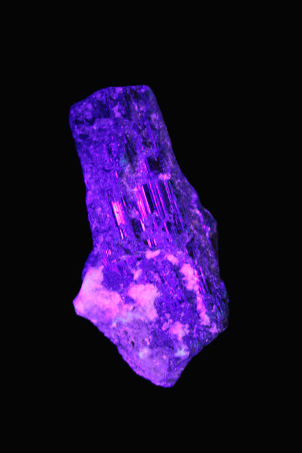 Black Tourmaline crystal with Feldspar & Mica 55mm 250.7ct  50.2g in UV light - Rocks and Things Store