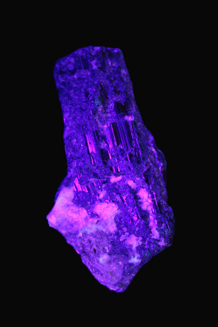 Black Tourmaline crystal with Feldspar & Mica 55mm 250.7ct  50.2g in UV light - Rocks and Things Store