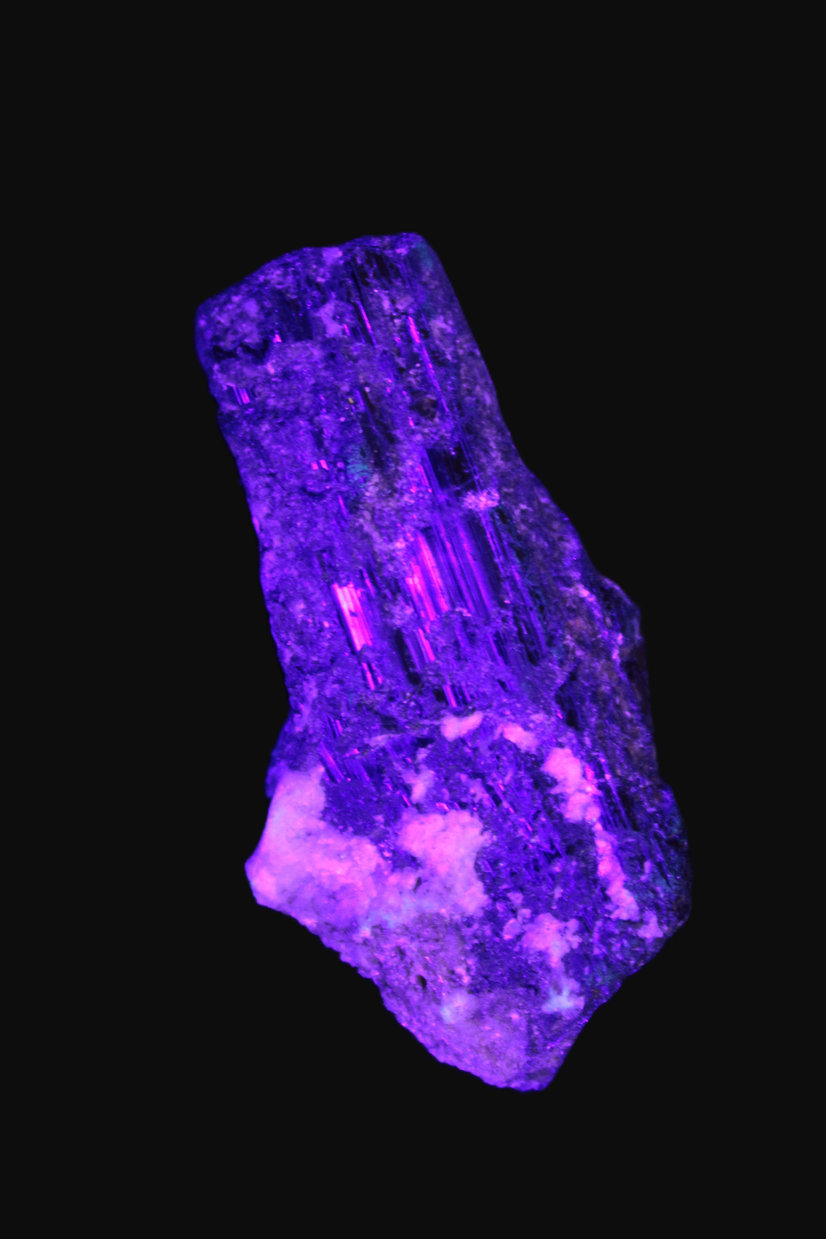 Black Tourmaline crystal with Feldspar & Mica 55mm 250.7ct  50.2g in UV light - Rocks and Things Store