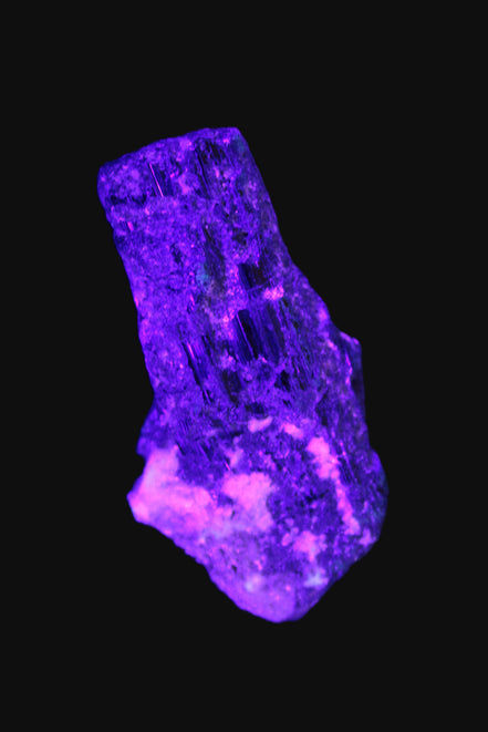 Black Tourmaline crystal with Feldspar & Mica 55mm 250.7ct  50.2g in UV light - Rocks and Things Store