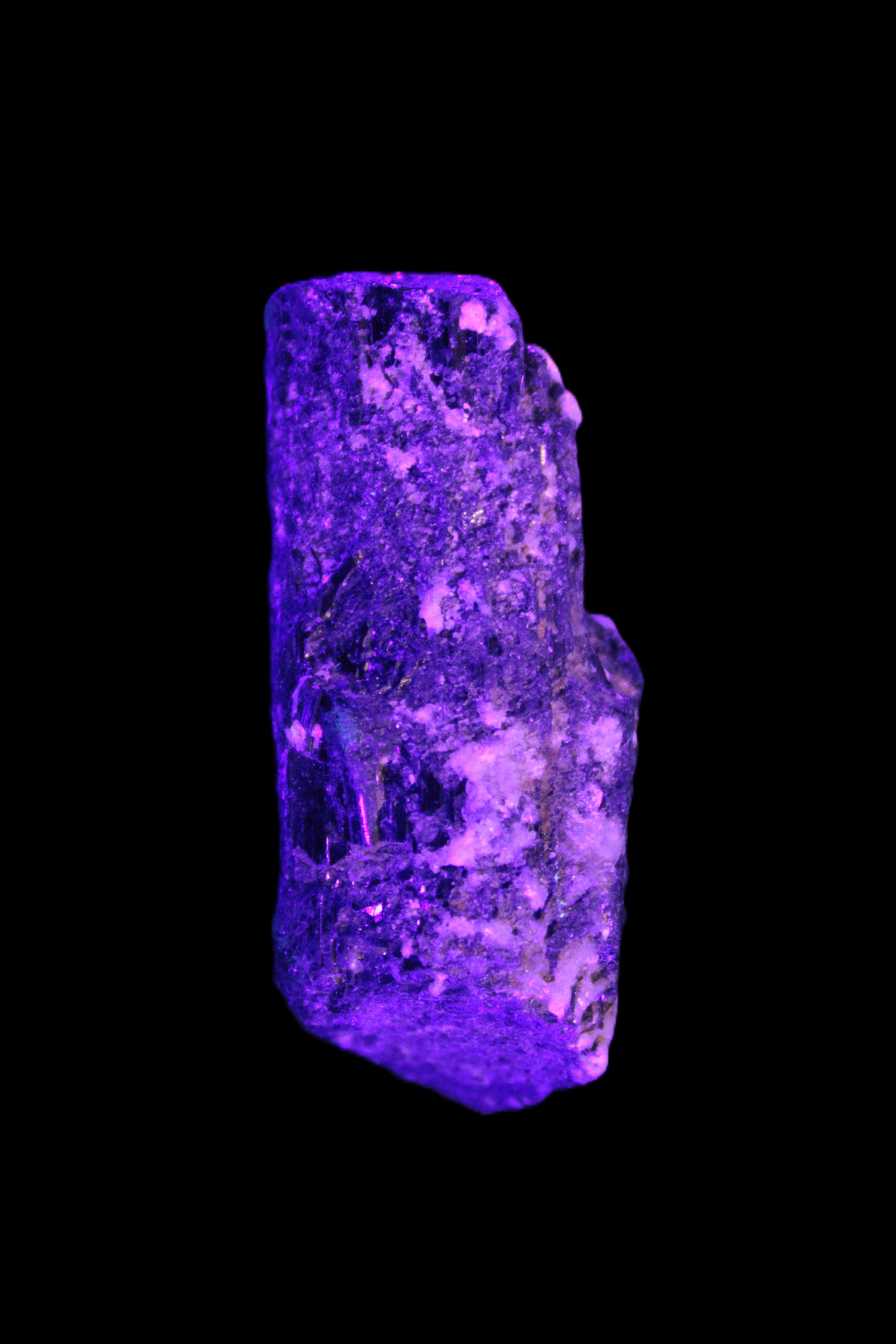 Black Tourmaline crystal with Feldspar & Mica 55mm 250.7ct  50.2g in UV light - Rocks and Things Store