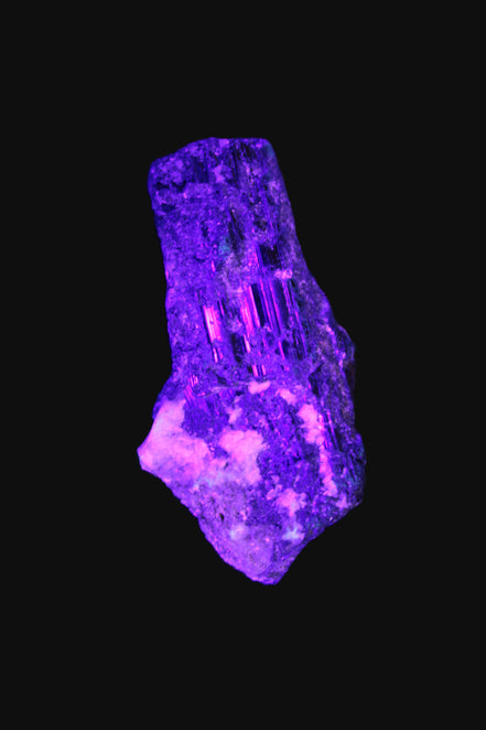 Black Tourmaline crystal with Feldspar & Mica 55mm 250.7ct  50.2g in UV light - Rocks and Things Store