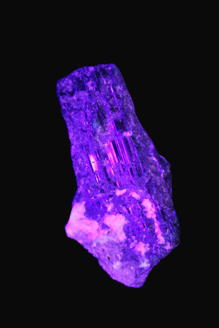 Black Tourmaline crystal with Feldspar & Mica 55mm 250.7ct  50.2g in UV light - Rocks and Things Store