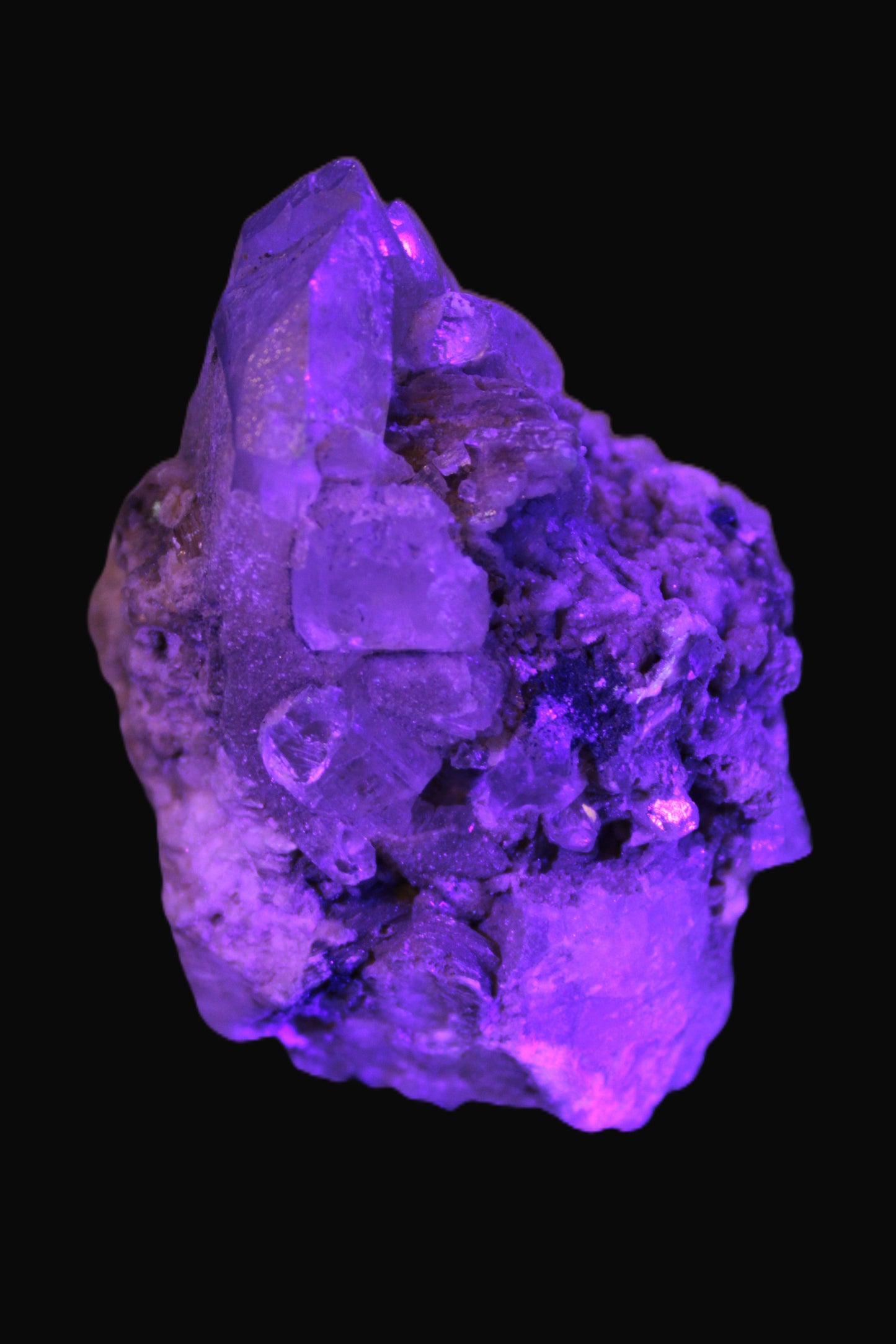 Elestial double-terminated Quartz with Aquamarine, Elbaite & Kunzite crystals on matrix 70mm 845ct 169g in UV light - Rocks and Things Store