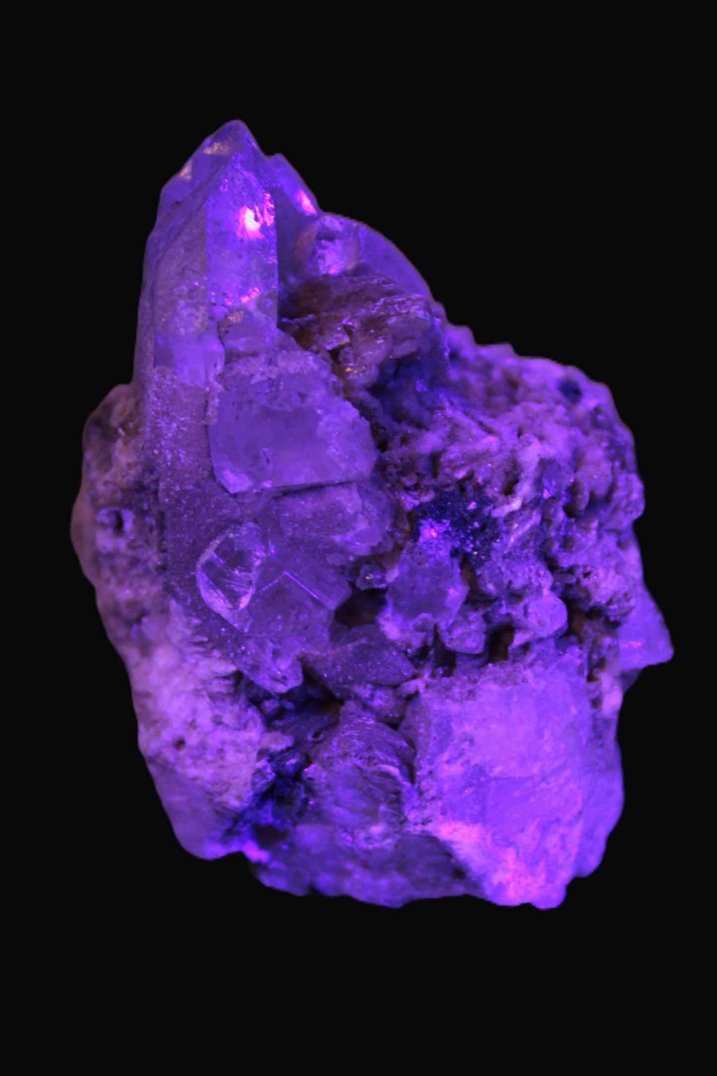 Elestial double-terminated Quartz with Aquamarine, Elbaite & Kunzite crystals on matrix 70mm 845ct 169g in UV light - Rocks and Things Store