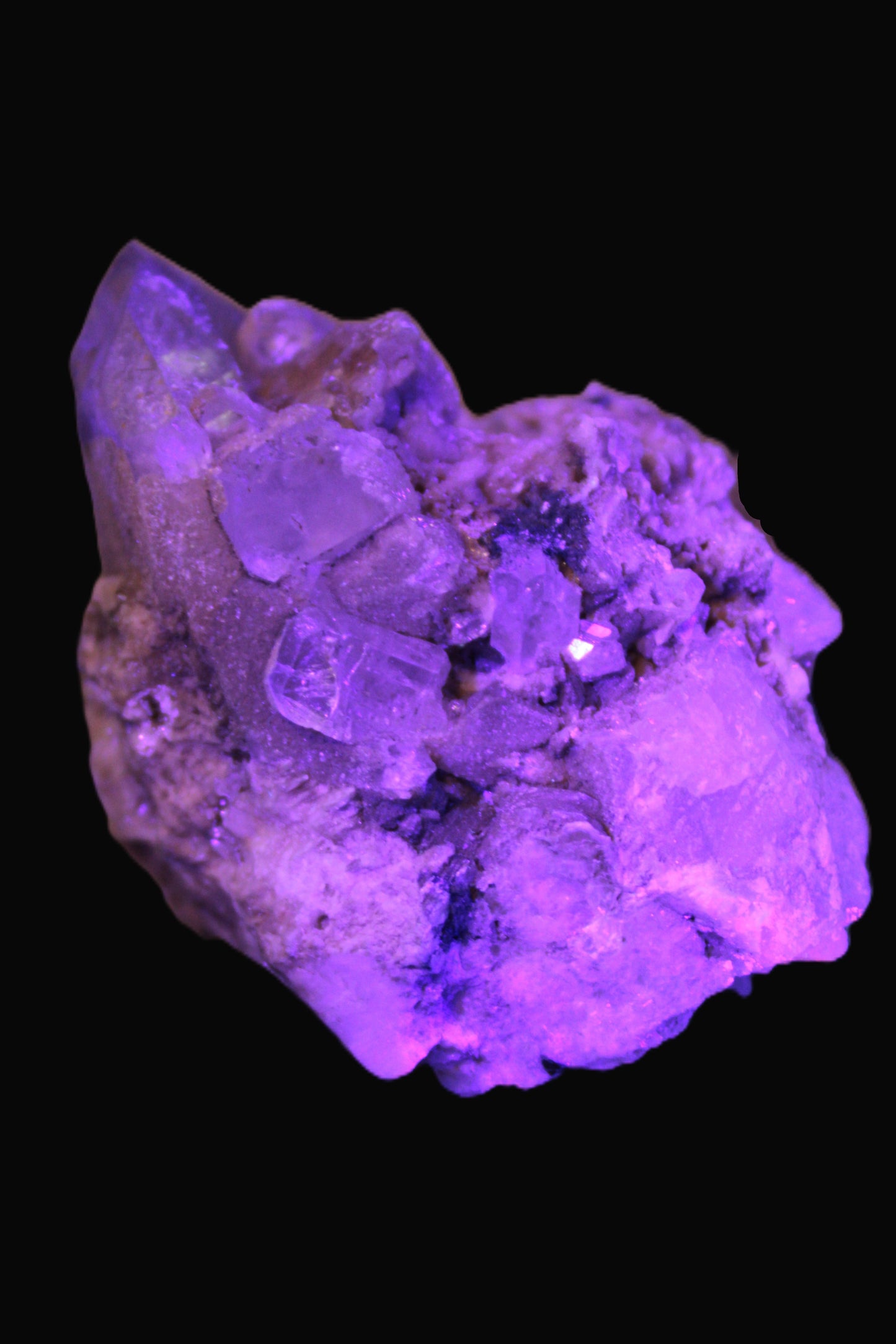 Elestial double-terminated Quartz with Aquamarine, Elbaite & Kunzite crystals on matrix 70mm 845ct 169g in UV light - Rocks and Things Store