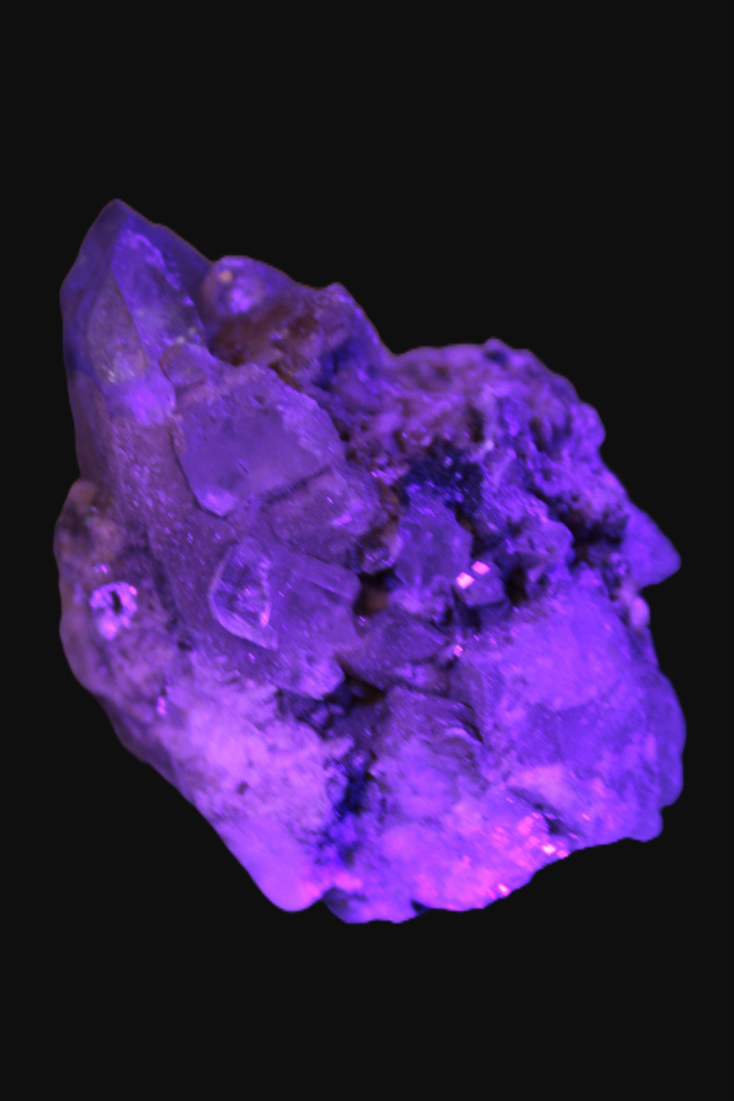 Elestial double-terminated Quartz with Aquamarine, Elbaite & Kunzite crystals on matrix 70mm 845ct 169g in UV light - Rocks and Things Store
