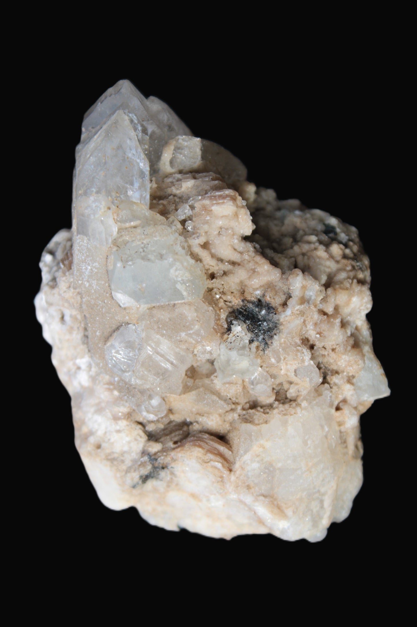 Elestial double-terminated Quartz with Aquamarine, Elbaite & Kunzite crystals on matrix 70mm 845ct 169g - Rocks and Things Store
