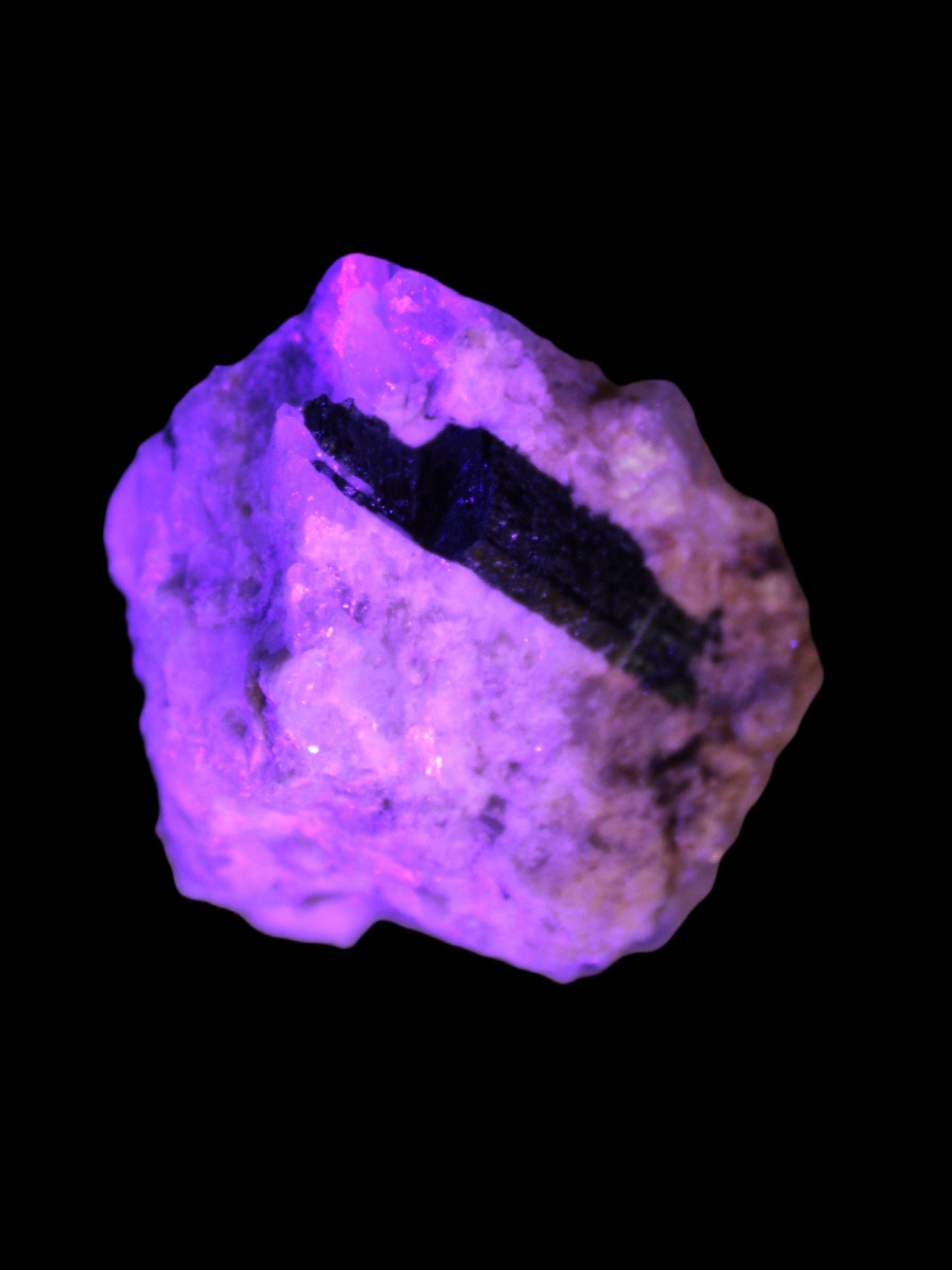 Elestial double-terminated Quartz with Aquamarine, Elbaite & Kunzite crystals on matrix 70mm 845ct 169g in UV light - Rocks and Things Store