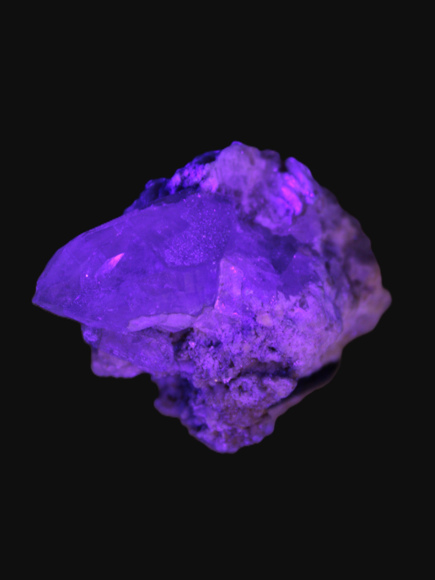 Elestial double-terminated Quartz with Aquamarine, Elbaite & Kunzite crystals on matrix 70mm 845ct 169g in UV light - Rocks and Things Store