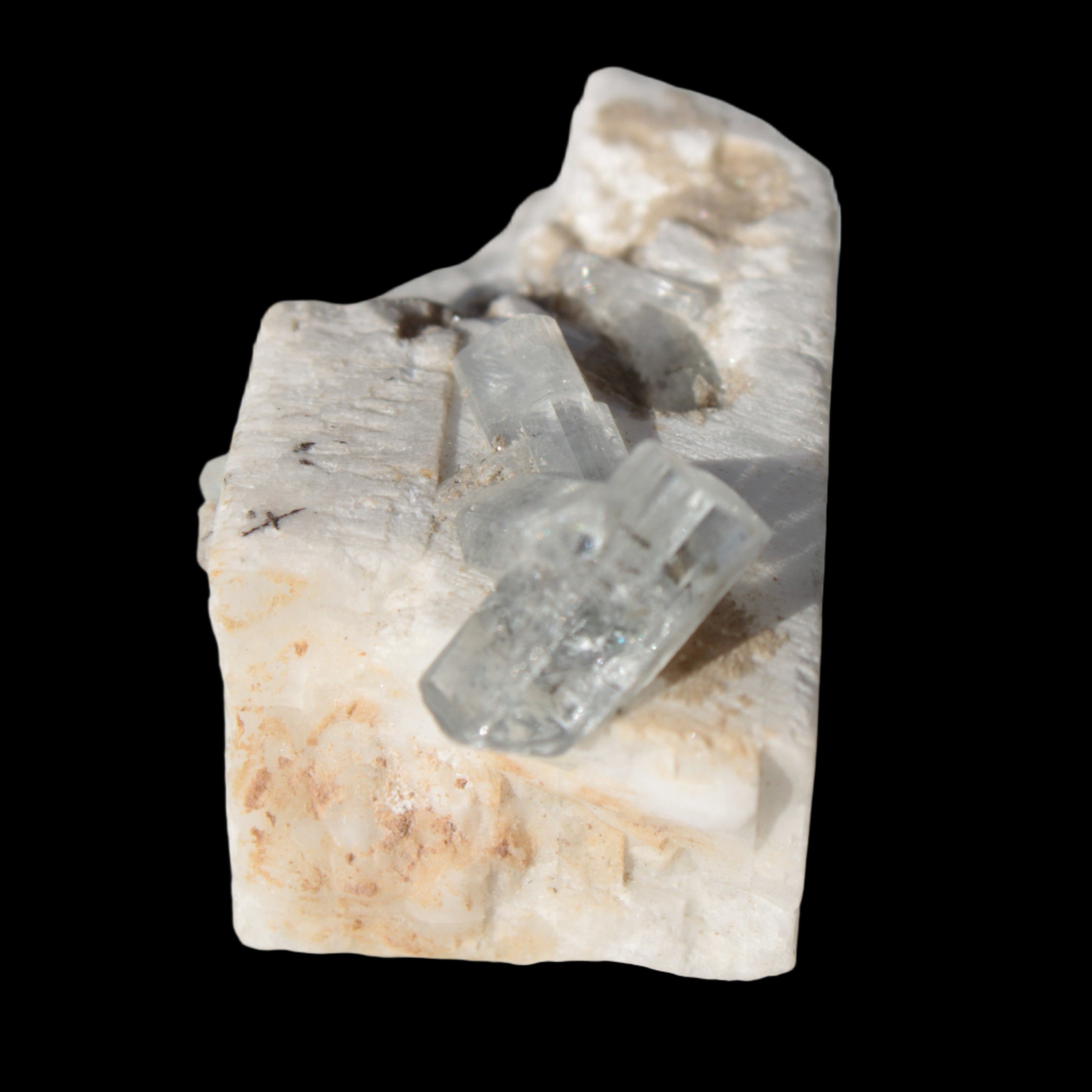 Rutile Aquamarine cluster on Feldspar matrix 28mm 93.6ct 18.7g in sunshine - Rocks and Things Store