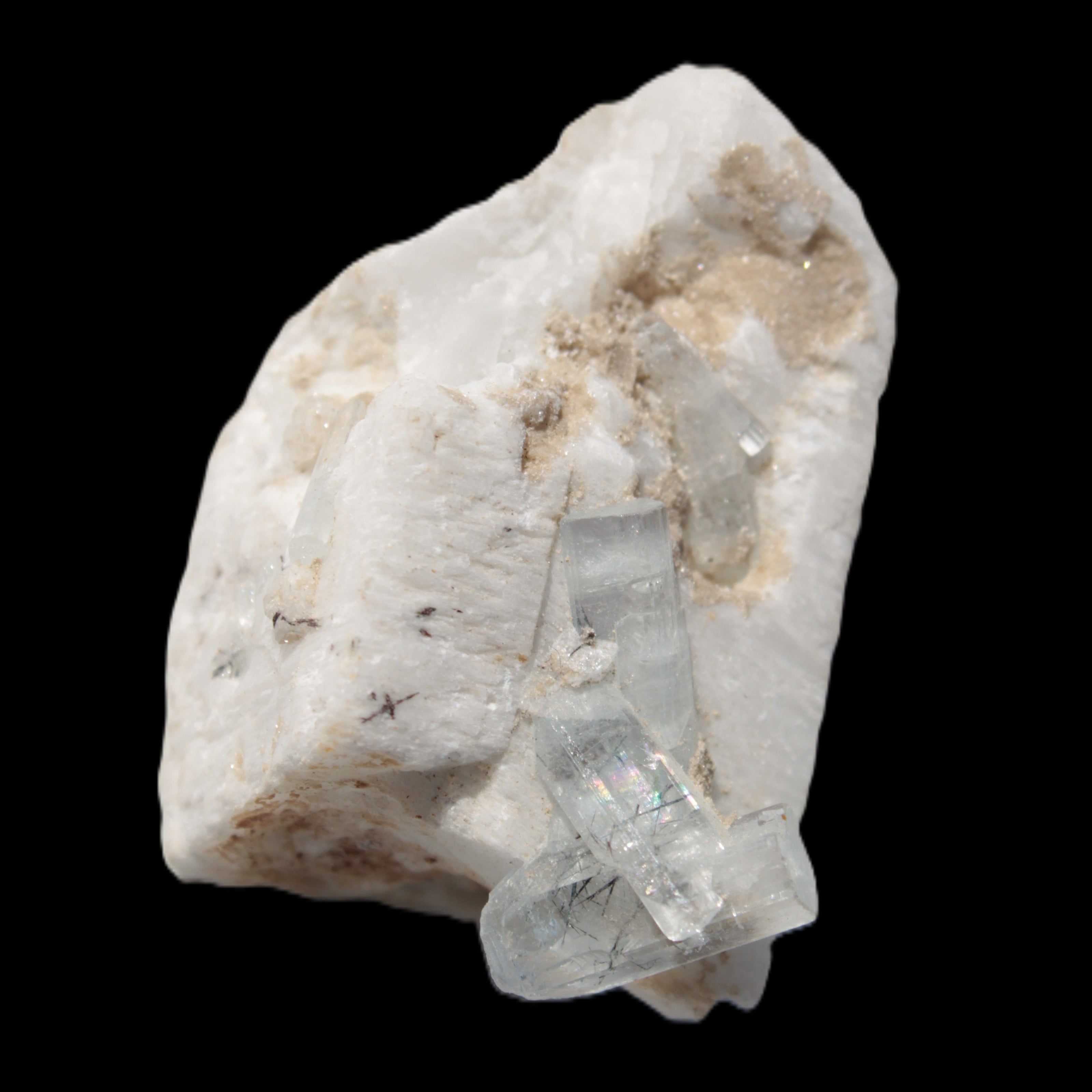 Rutile Aquamarine cluster on Feldspar matrix 28mm 93.6ct 18.7g in sunshine - Rocks and Things Store