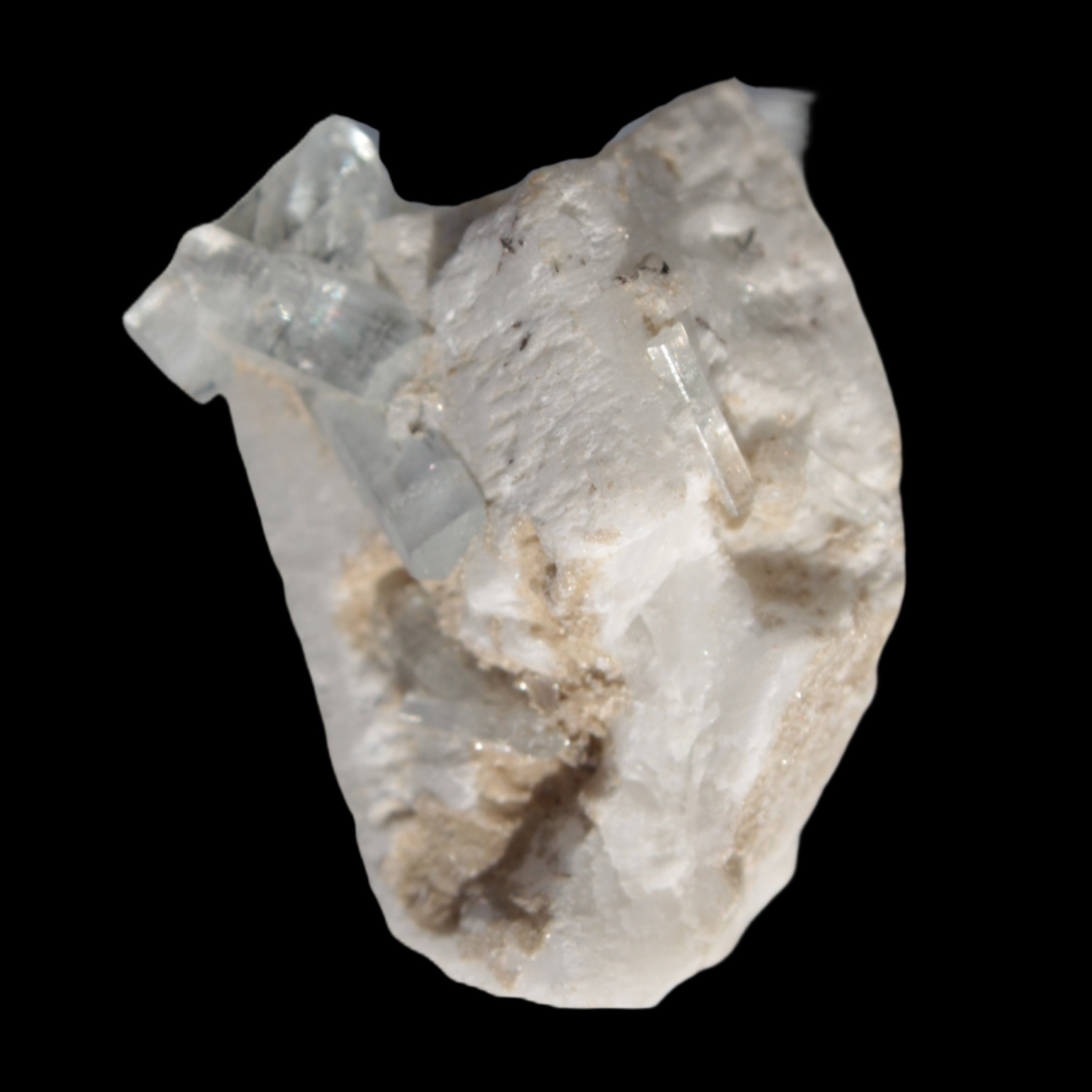 Rutile Aquamarine cluster on Feldspar matrix 28mm 93.6ct 18.7g in sunshine - Rocks and Things Store