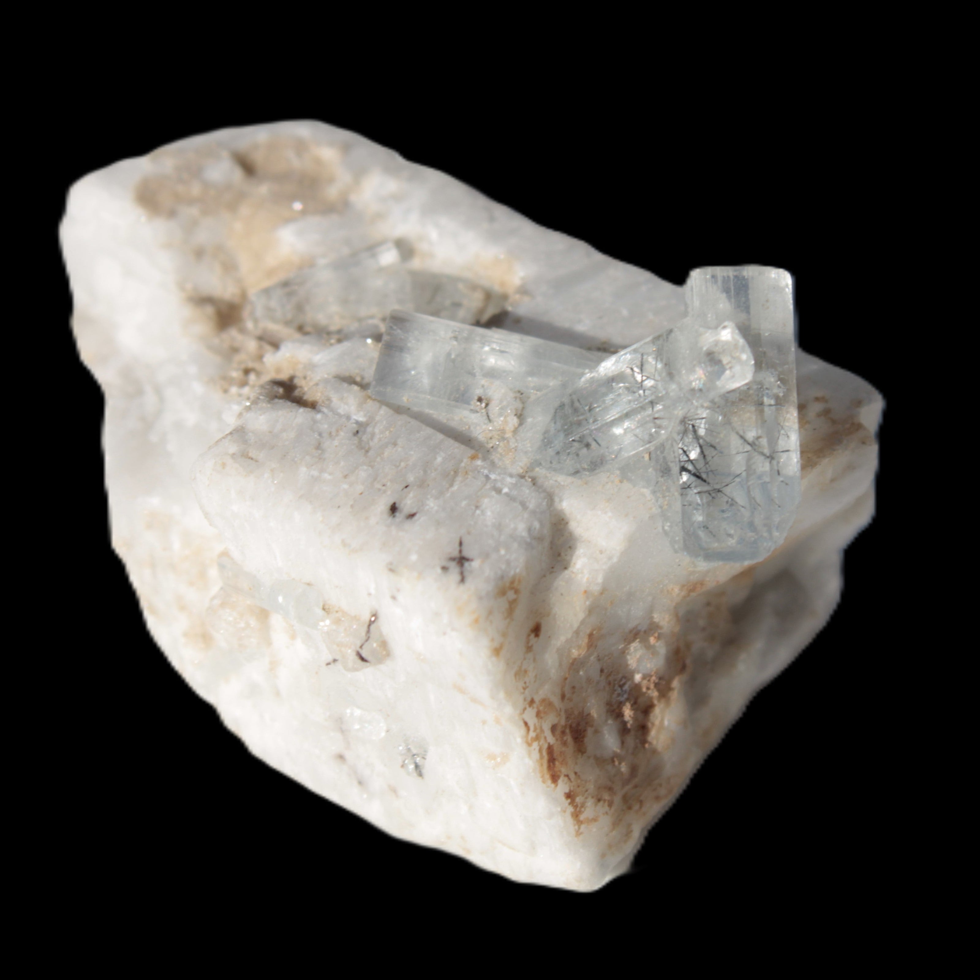 Rutile Aquamarine cluster on Feldspar matrix 28mm 93.6ct 18.7g in sunshine - Rocks and Things Store
