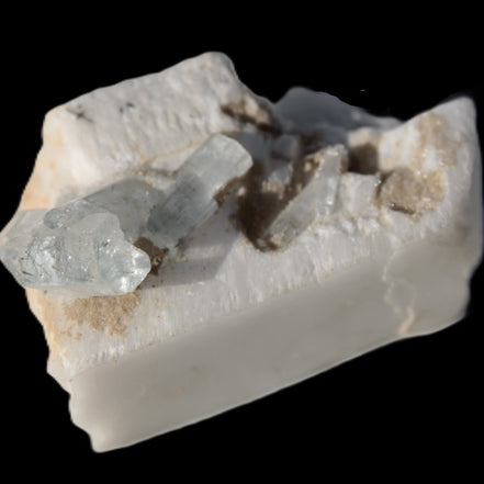 Rutile Aquamarine cluster on Feldspar matrix 28mm 93.6ct 18.7g in sunshine - Rocks and Things Store
