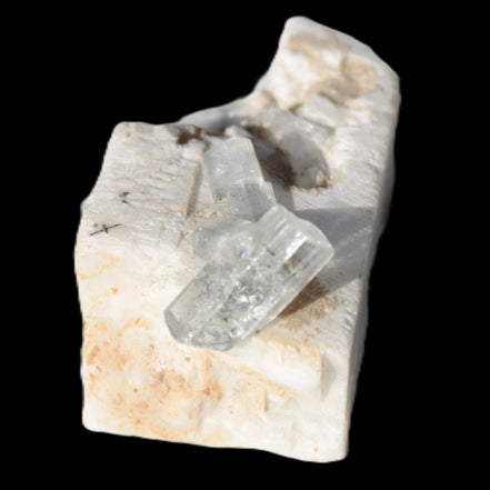 Rutile Aquamarine cluster on Feldspar matrix 28mm 93.6ct 18.7g in sunshine - Rocks and Things Store