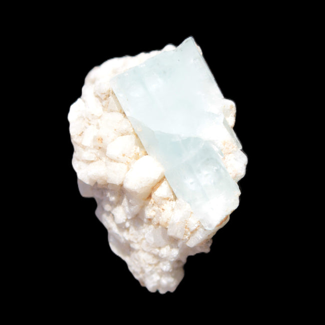 Blue Terminated Aquamarine crystal 21mm on Feldspar & Mica matrix 28mm 58.2ct 11.6g in sunlight - Rocks and Things Store