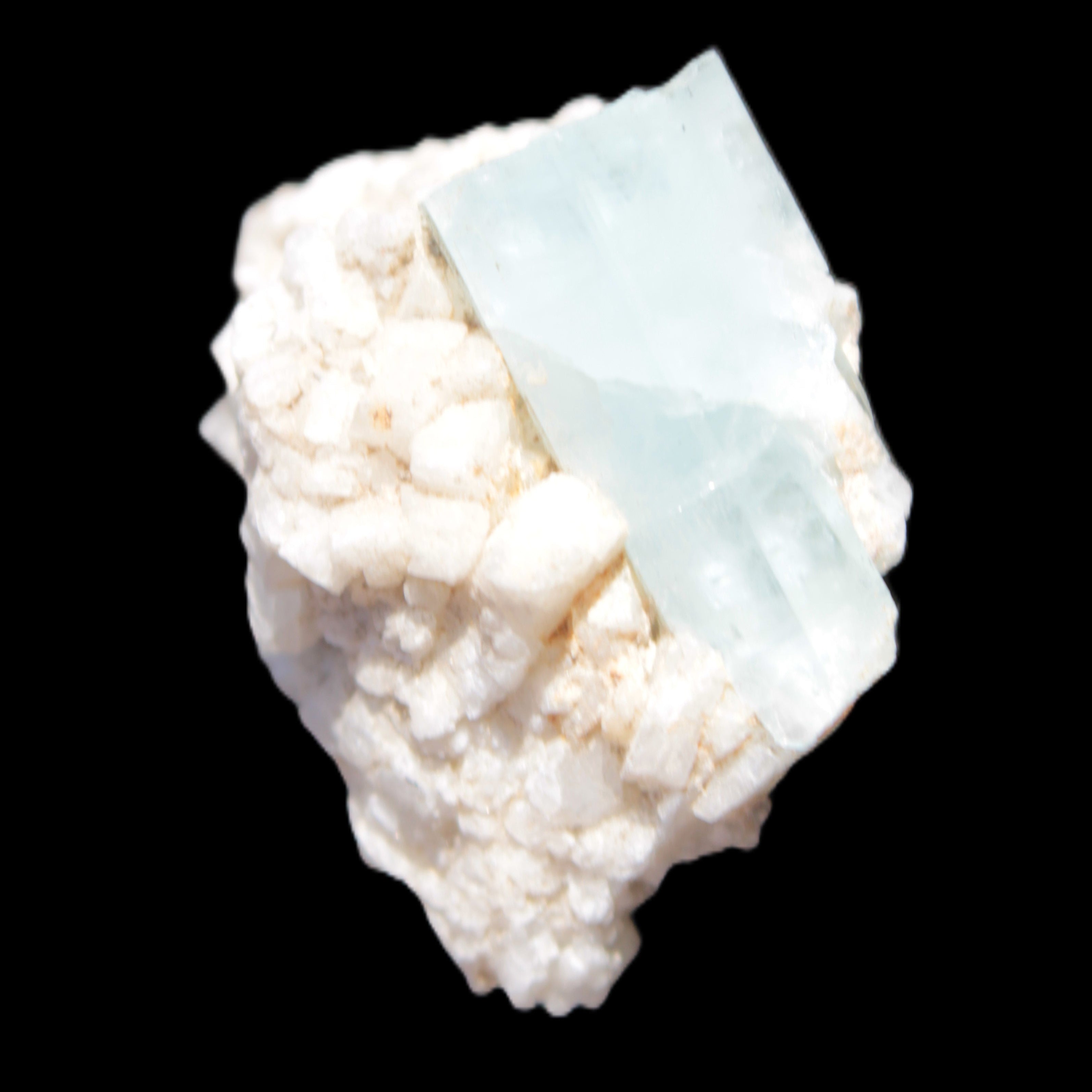 Blue Terminated Aquamarine crystal 21mm on Feldspar & Mica matrix 28mm 58.2ct 11.6g in sunlight - Rocks and Things Store