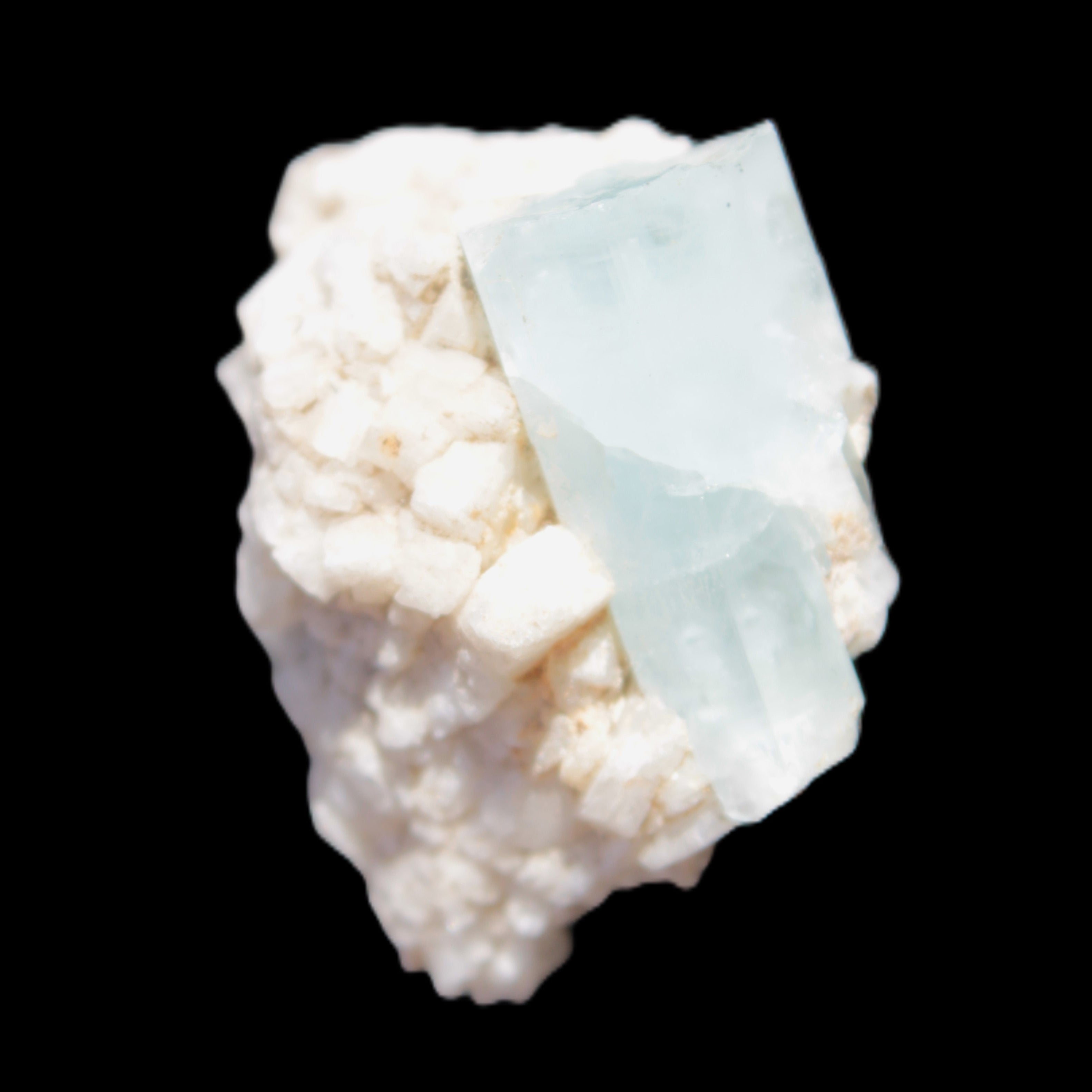 Blue Terminated Aquamarine crystal 21mm on Feldspar & Mica matrix 28mm 58.2ct 11.6g in sunlight - Rocks and Things Store