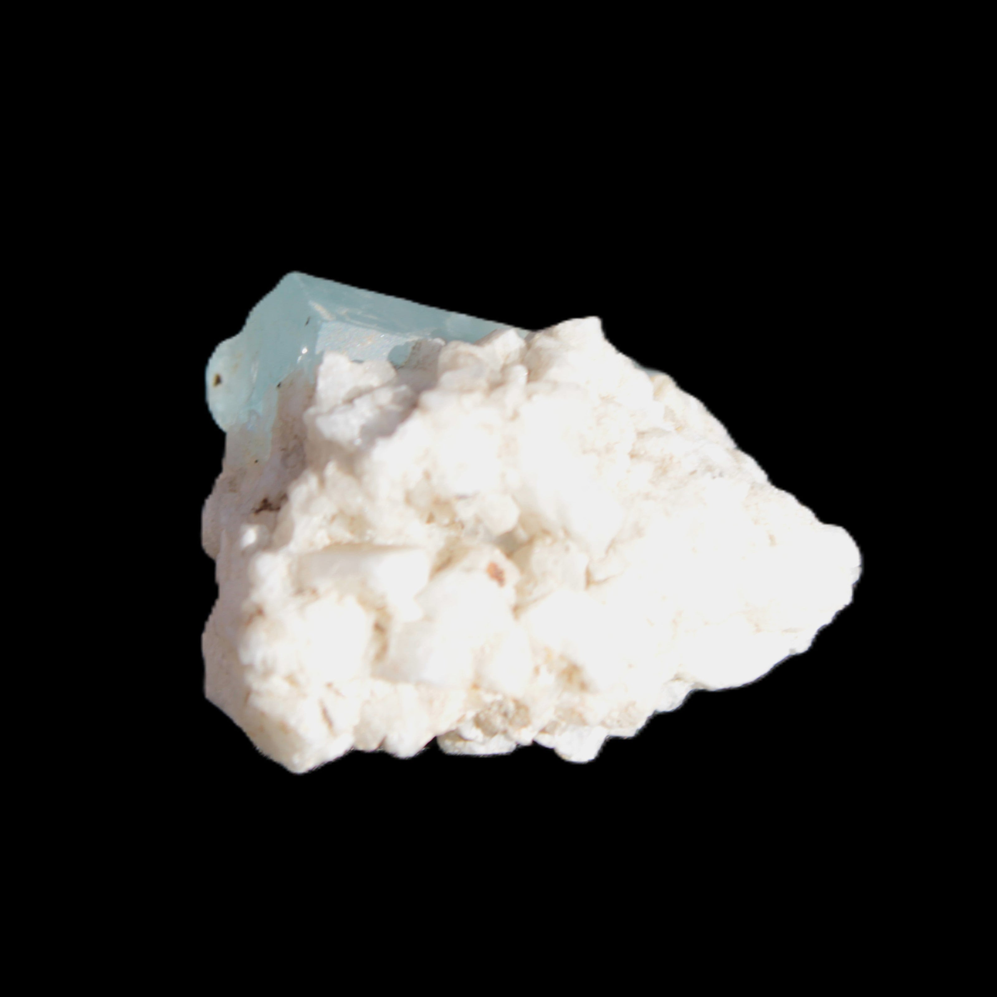 Blue Terminated Aquamarine crystal 21mm on Feldspar & Mica matrix 28mm 58.2ct 11.6g in sunlight - Rocks and Things Store