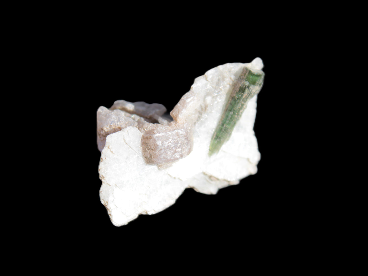 Green Tourmaline crystal on winged Muscovite with Lepidolite cluster 32mm 28.2ct 5.6g Rocks and Things