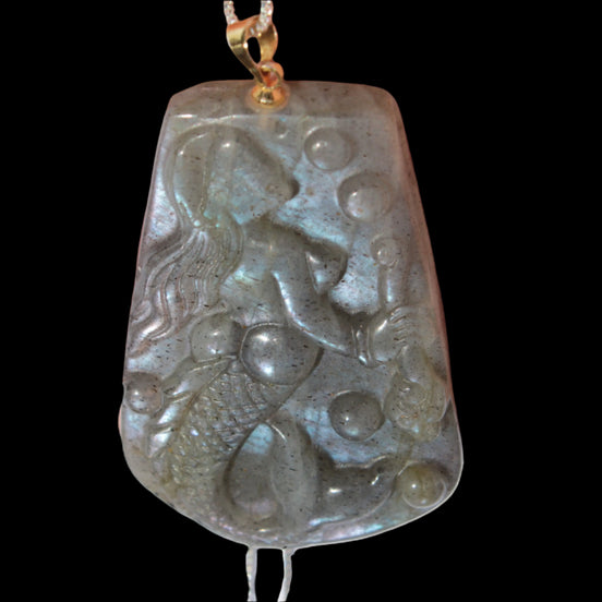 Large Labradorite mermaid carved pendant with chain necklace in sunshine - Rocks and Things Store
