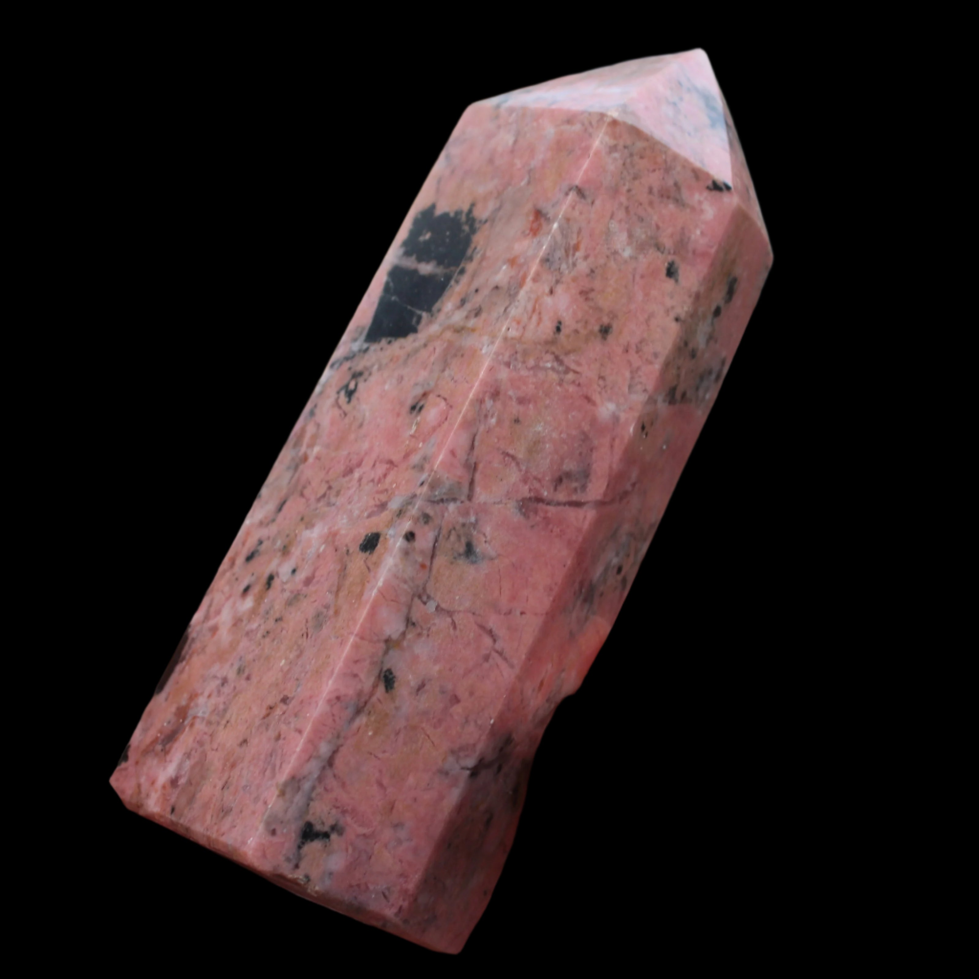 Peach Blossom Stone Rhodonite obelisk 505g in sunlight -Rocks and Things Store