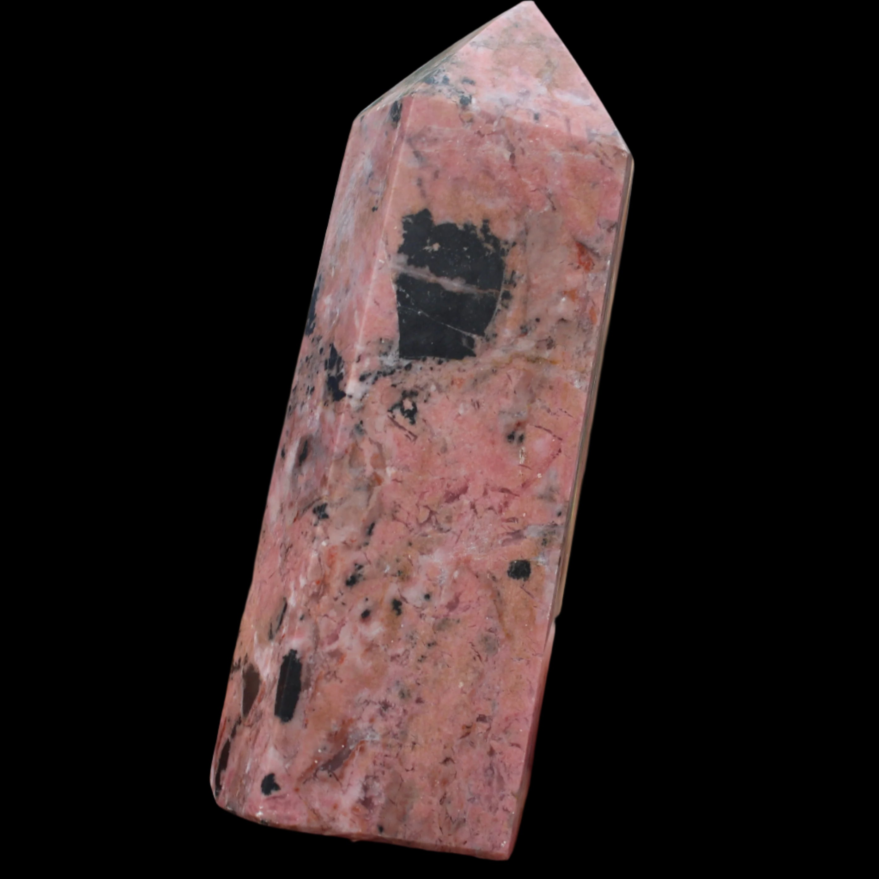 Peach Blossom Stone Rhodonite obelisk 505g in sunlight -Rocks and Things Store