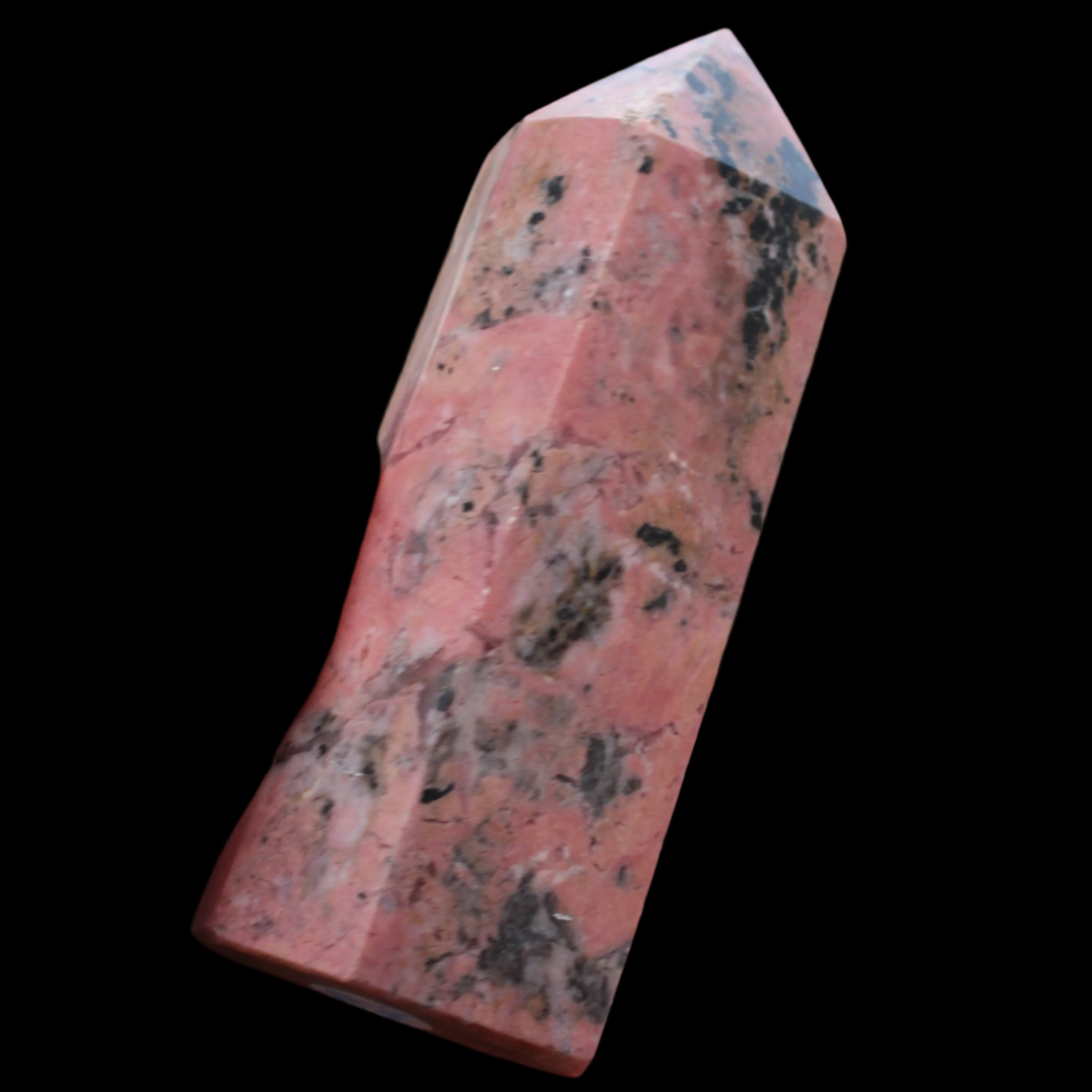 Peach Blossom Stone Rhodonite obelisk 505g in sunlight -Rocks and Things Store