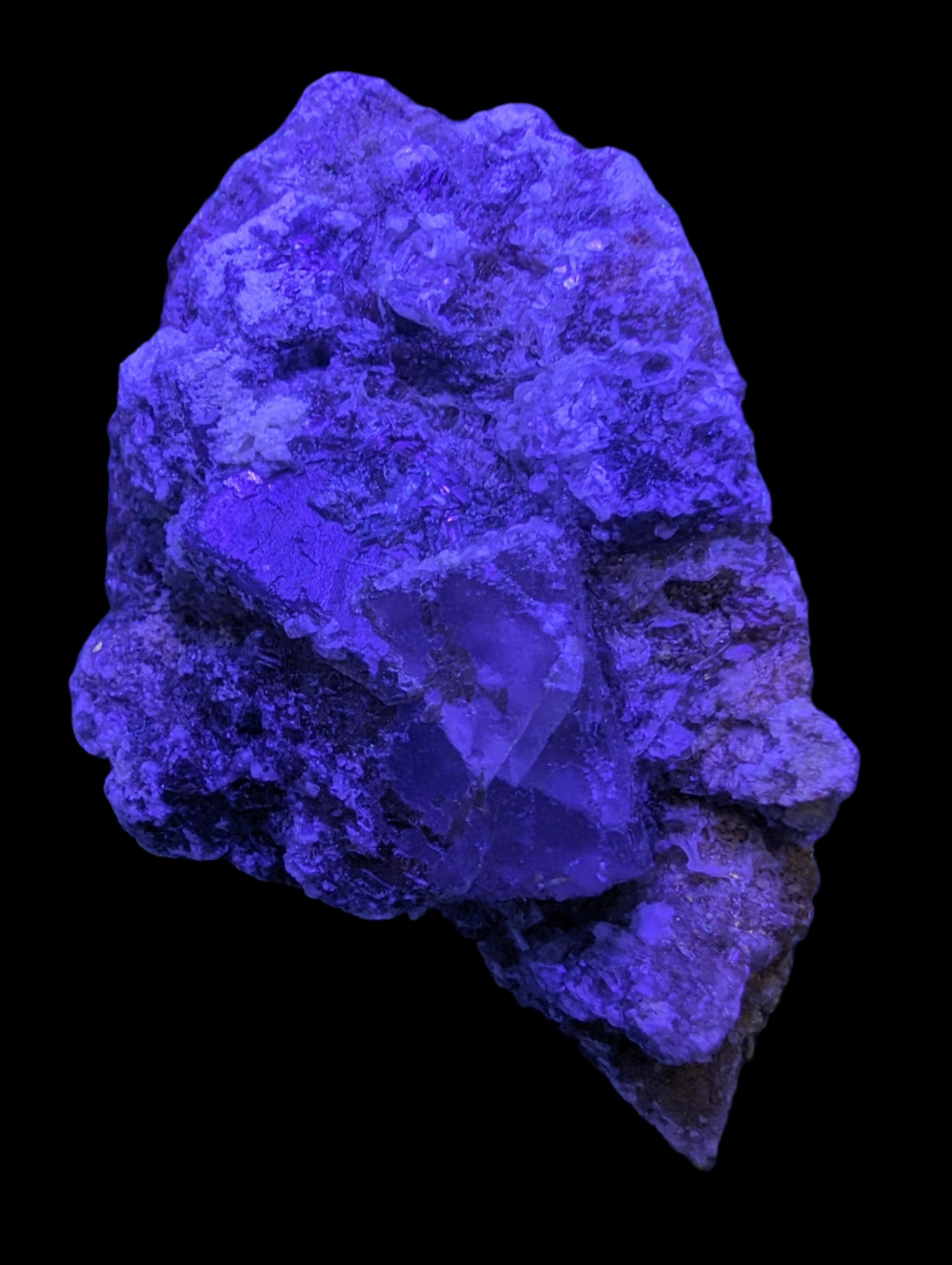 Purple Cubic ladder Fluorite with Aluminum Fluoride Gypsum 272g in UV light - Rocks and Things Store