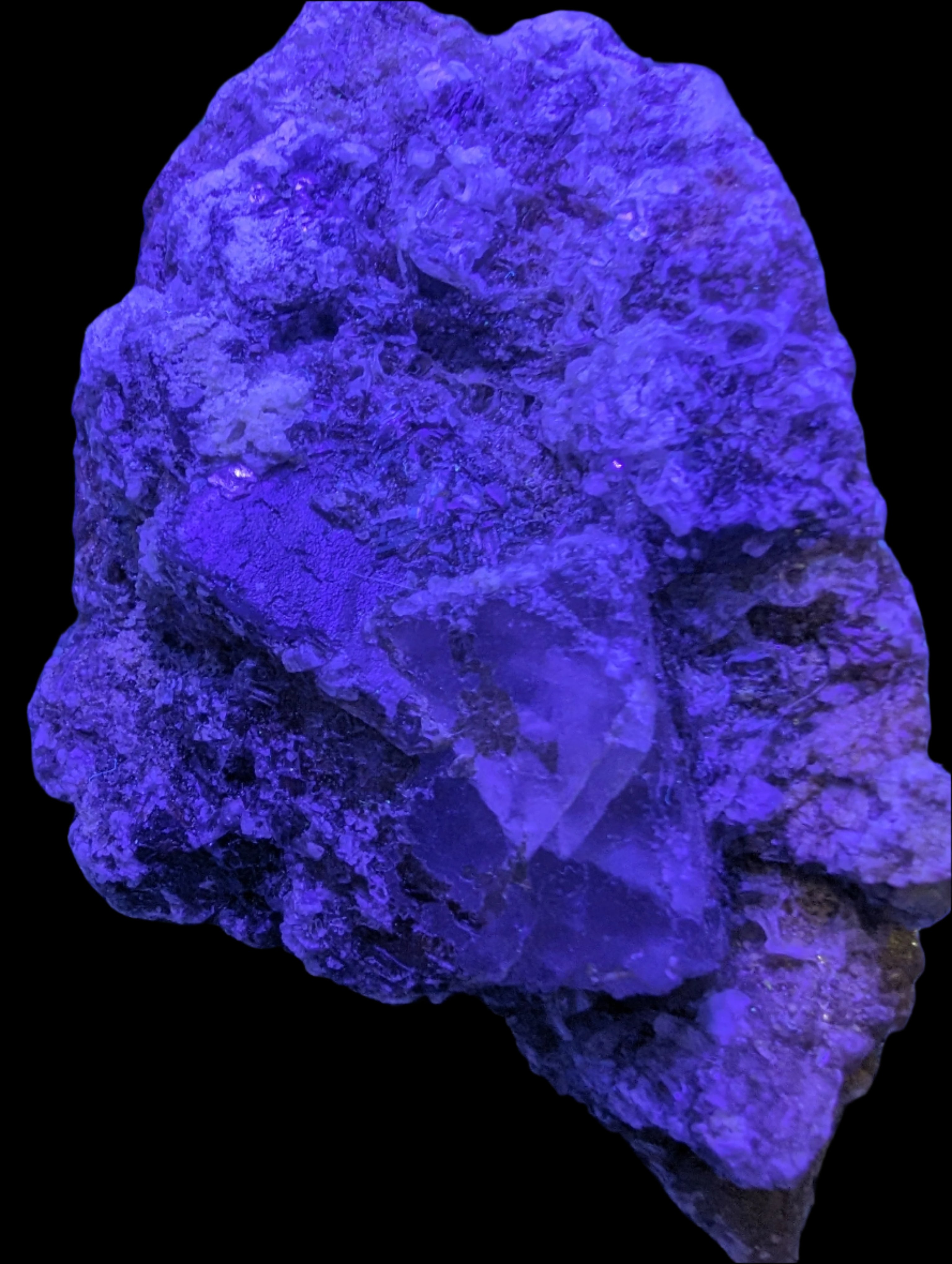 Purple Cubic ladder Fluorite with Aluminum Fluoride Gypsum 272g in UV light - Rocks and Things Store