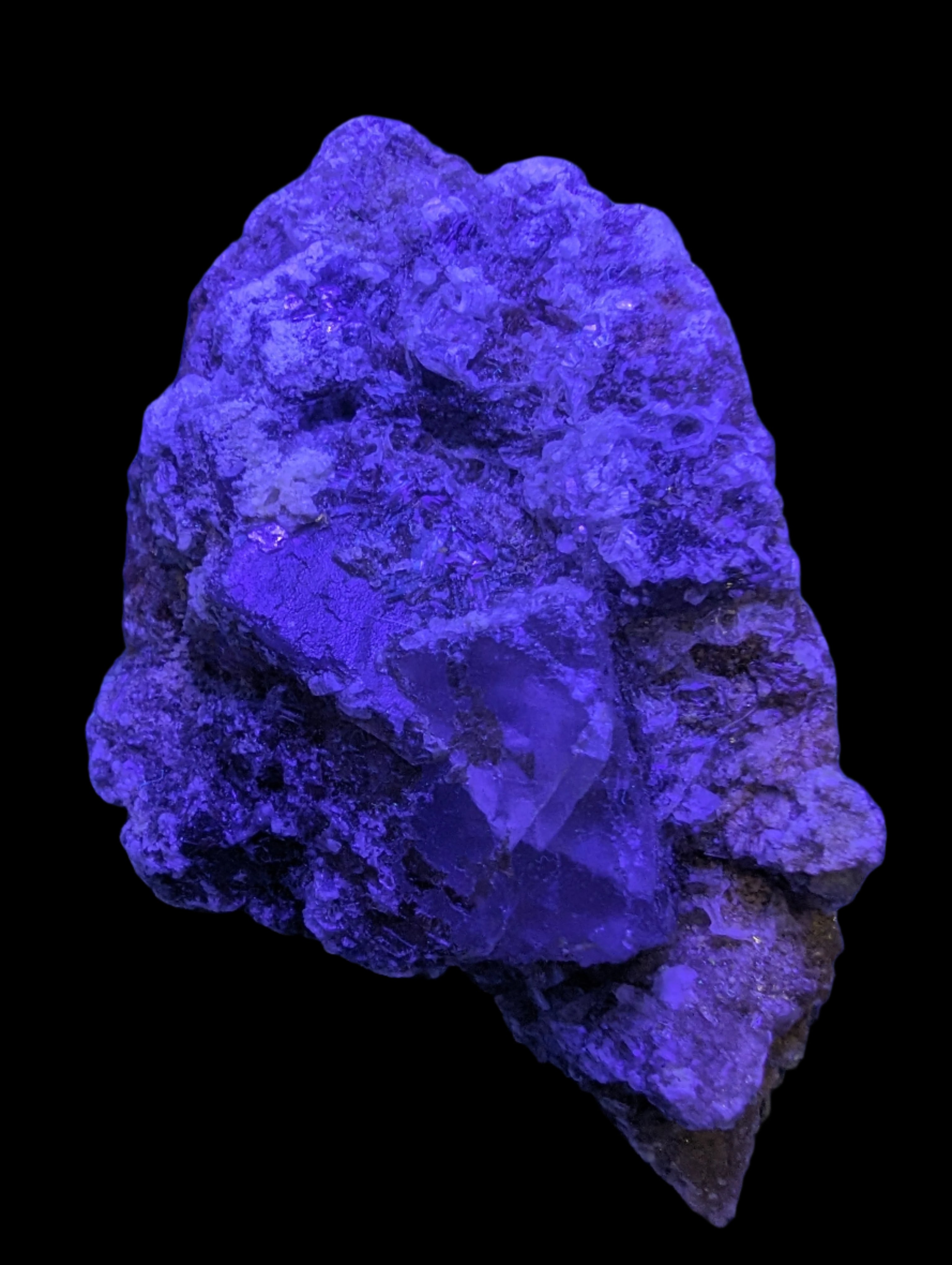 Purple Cubic ladder Fluorite with Aluminum Fluoride Gypsum 272g in UV light - Rocks and Things Store