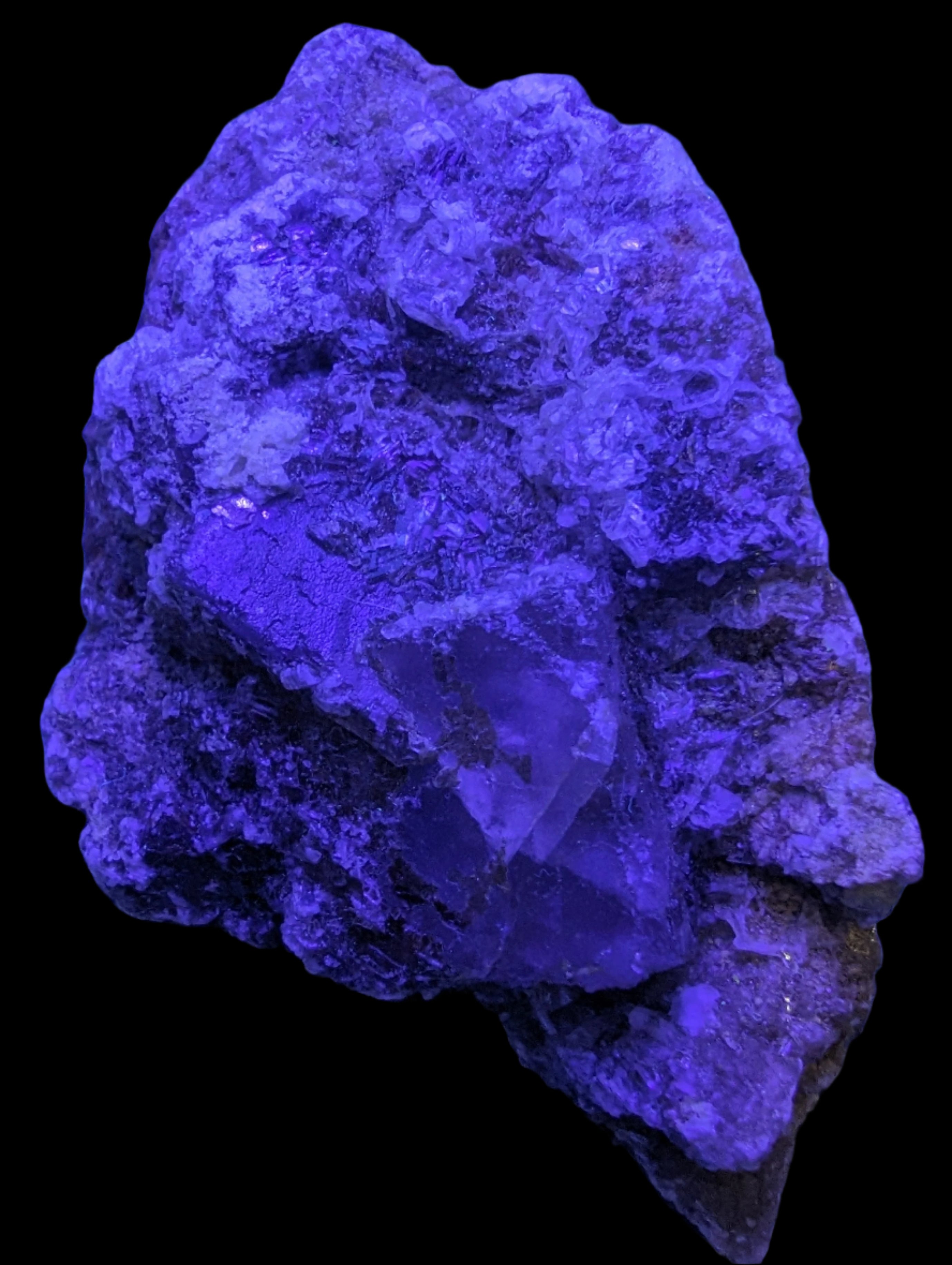 Purple Cubic ladder Fluorite with Aluminum Fluoride Gypsum 272g in UV light - Rocks and Things Store