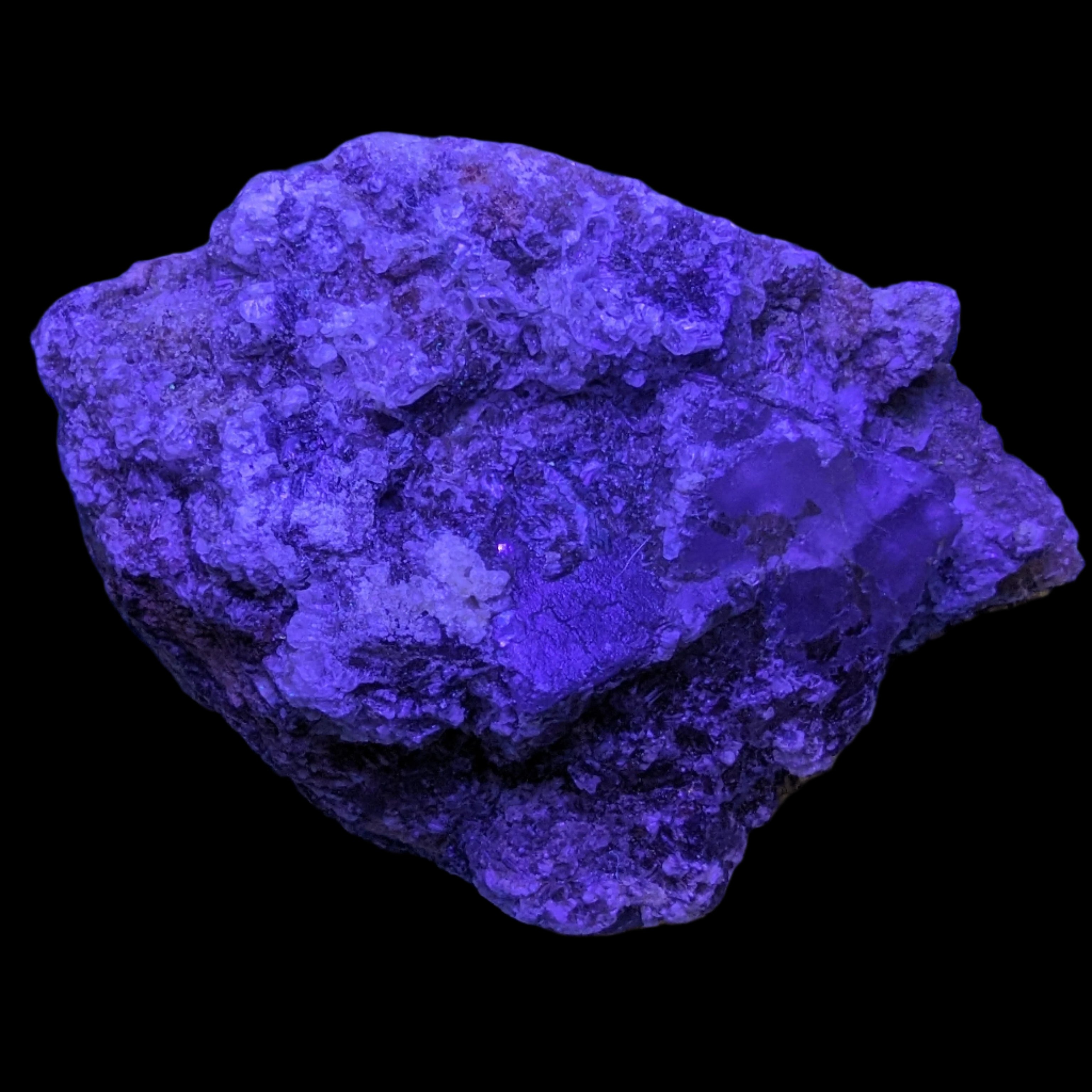 Purple Cubic ladder Fluorite with Aluminum Fluoride Gypsum 272g in UV light - Rocks and Things Store