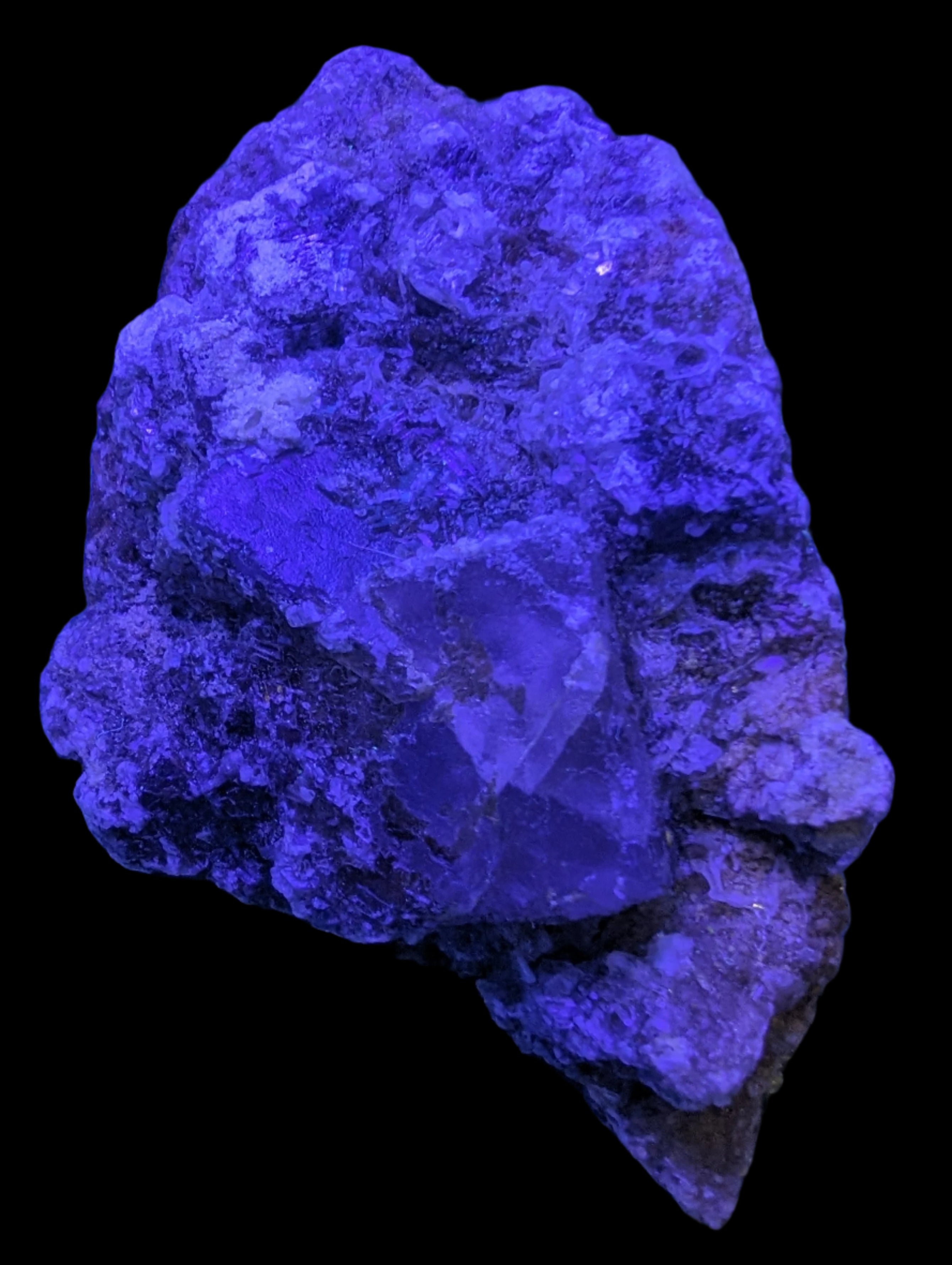 Purple Cubic ladder Fluorite with Aluminum Fluoride Gypsum 272g in UV light - Rocks and Things Store