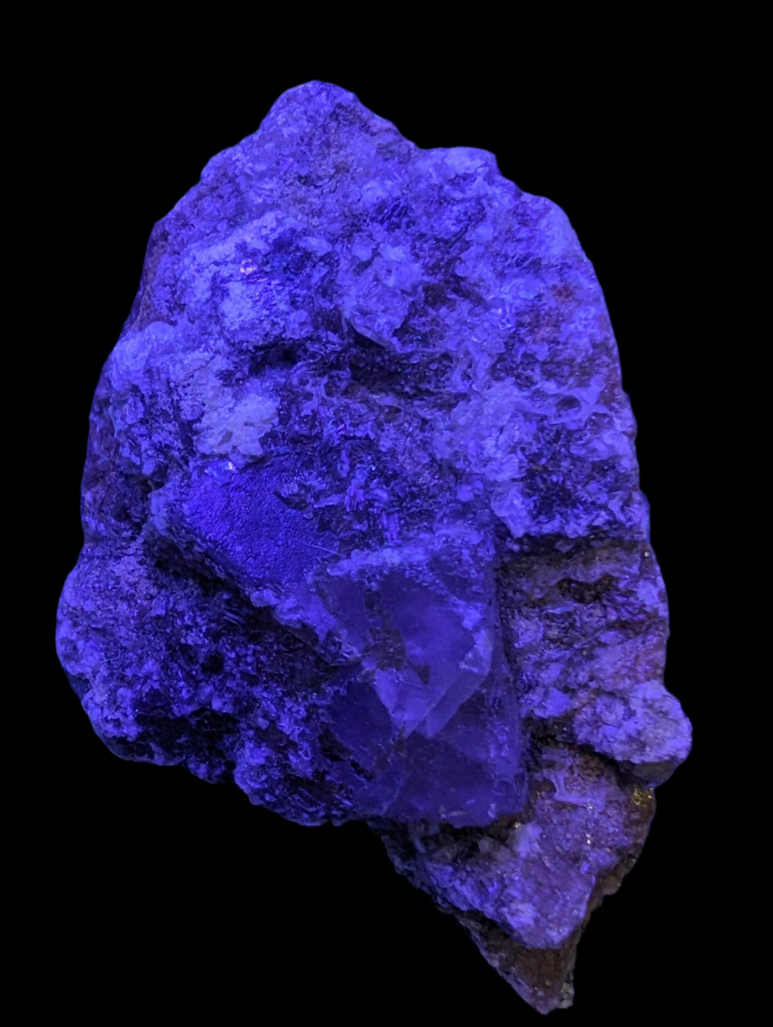 Purple Cubic ladder Fluorite with Aluminum Fluoride Gypsum 272g in UV light - Rocks and Things Store