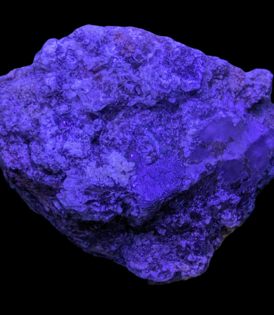 Purple Cubic ladder Fluorite with Aluminum Fluoride Gypsum 272g in UV light - Rocks and Things Store