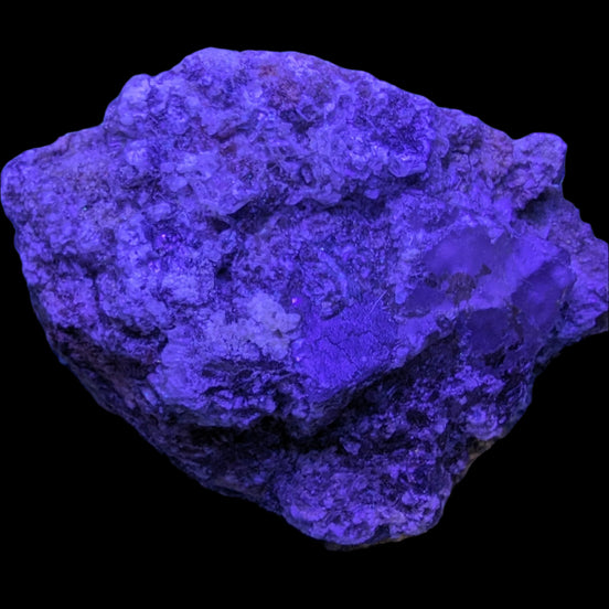 Purple Cubic ladder Fluorite with Aluminum Fluoride Gypsum 272g in UV light - Rocks and Things Store