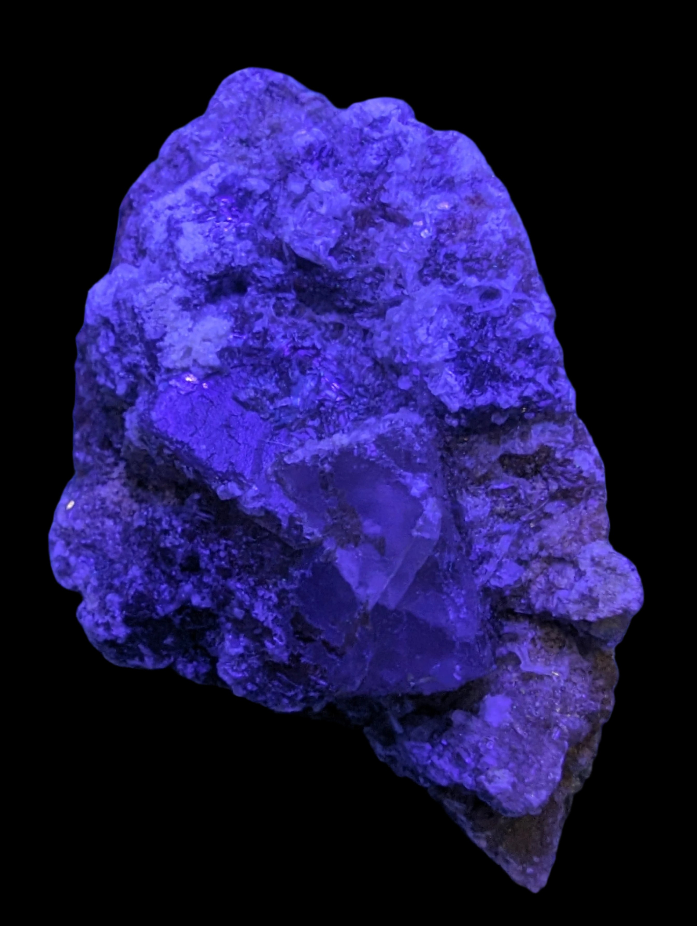 Purple Cubic ladder Fluorite with Aluminum Fluoride Gypsum 272g in UV light - Rocks and Things Store