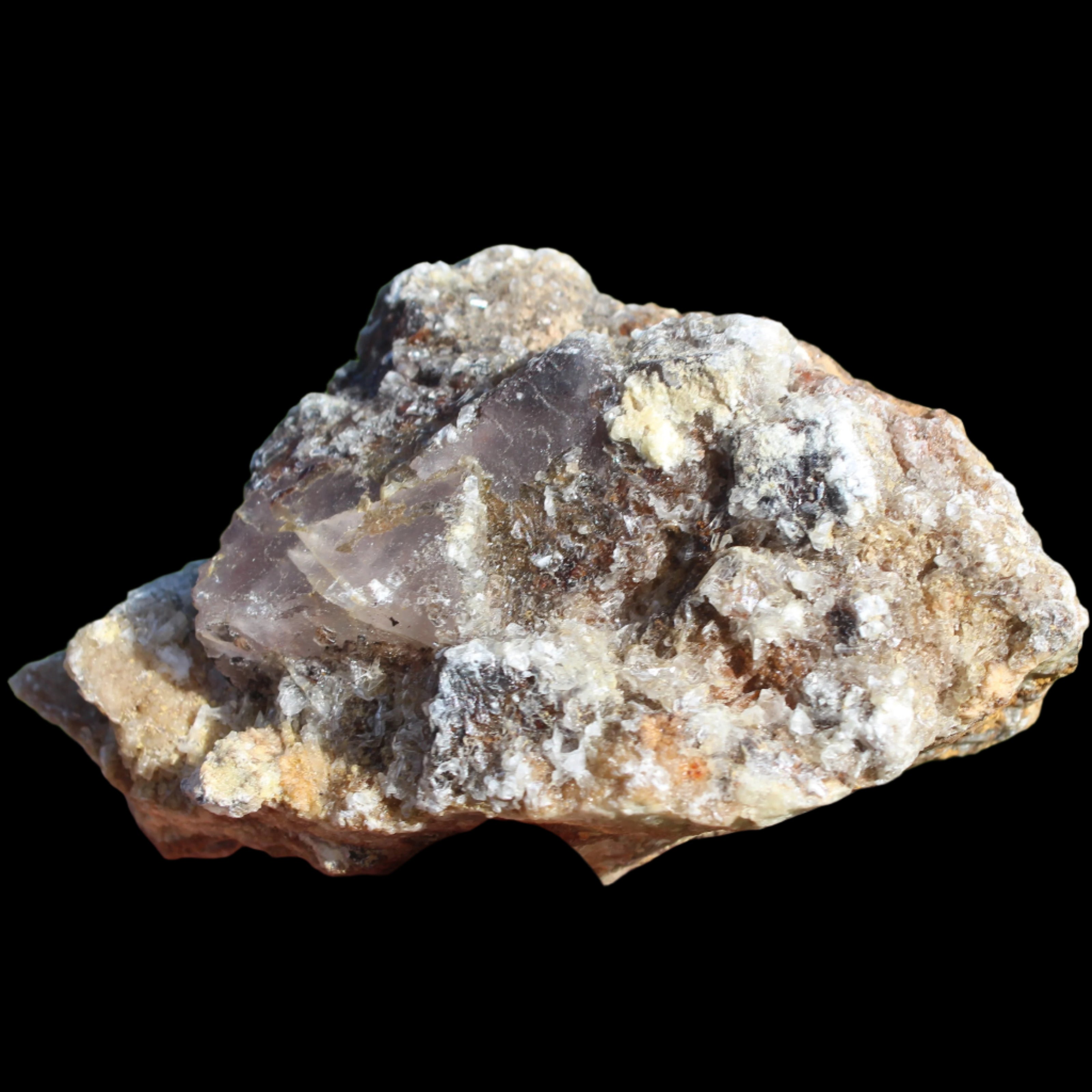 Purple Cubic ladder Fluorite with Aluminum Fluoride Gypsum 272g in sunlight - Rocks and Things Store