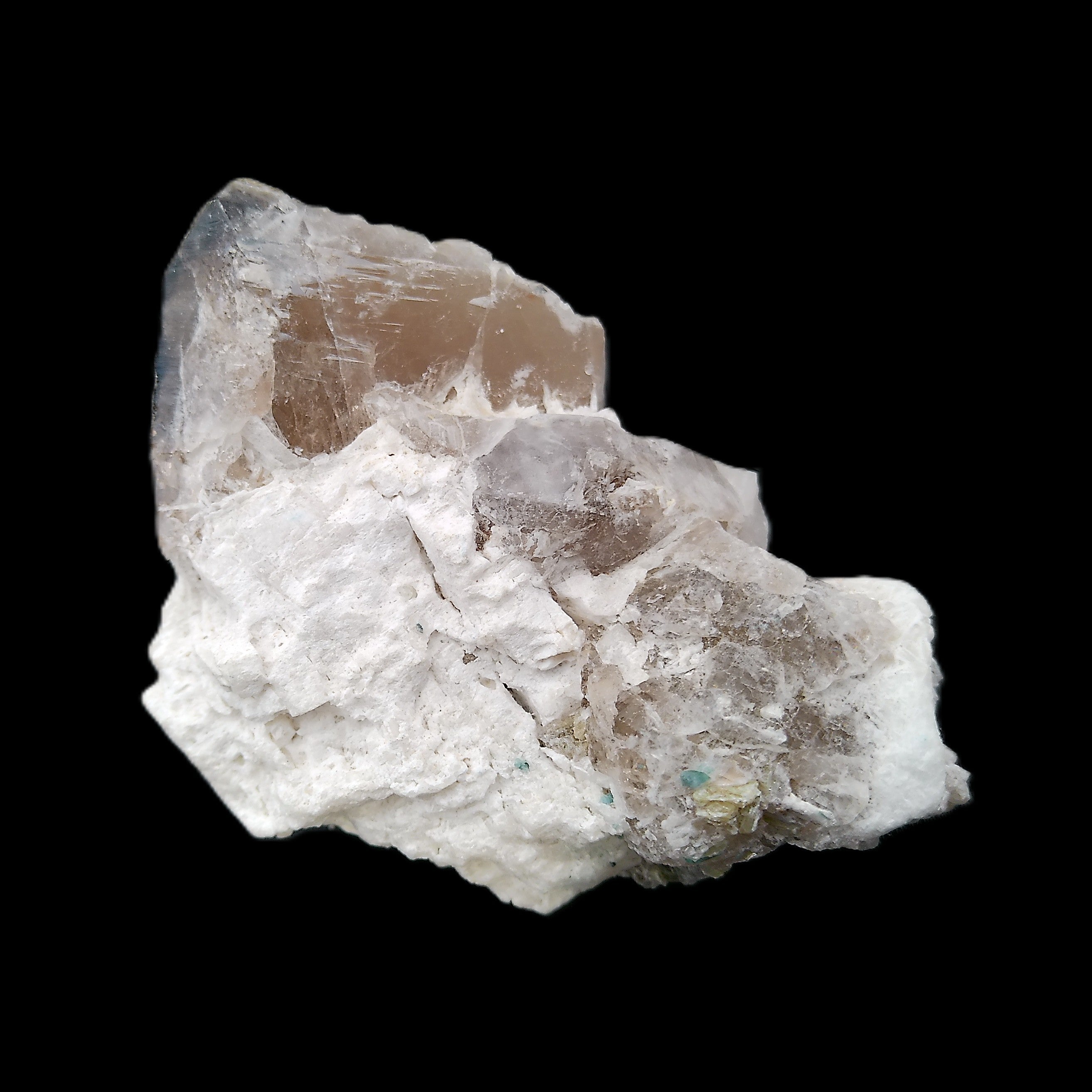 Elestial Smoky Quartz, Kunzite on Feldspar matrix 80mm 178g in sunlight - Rocks and Things Store