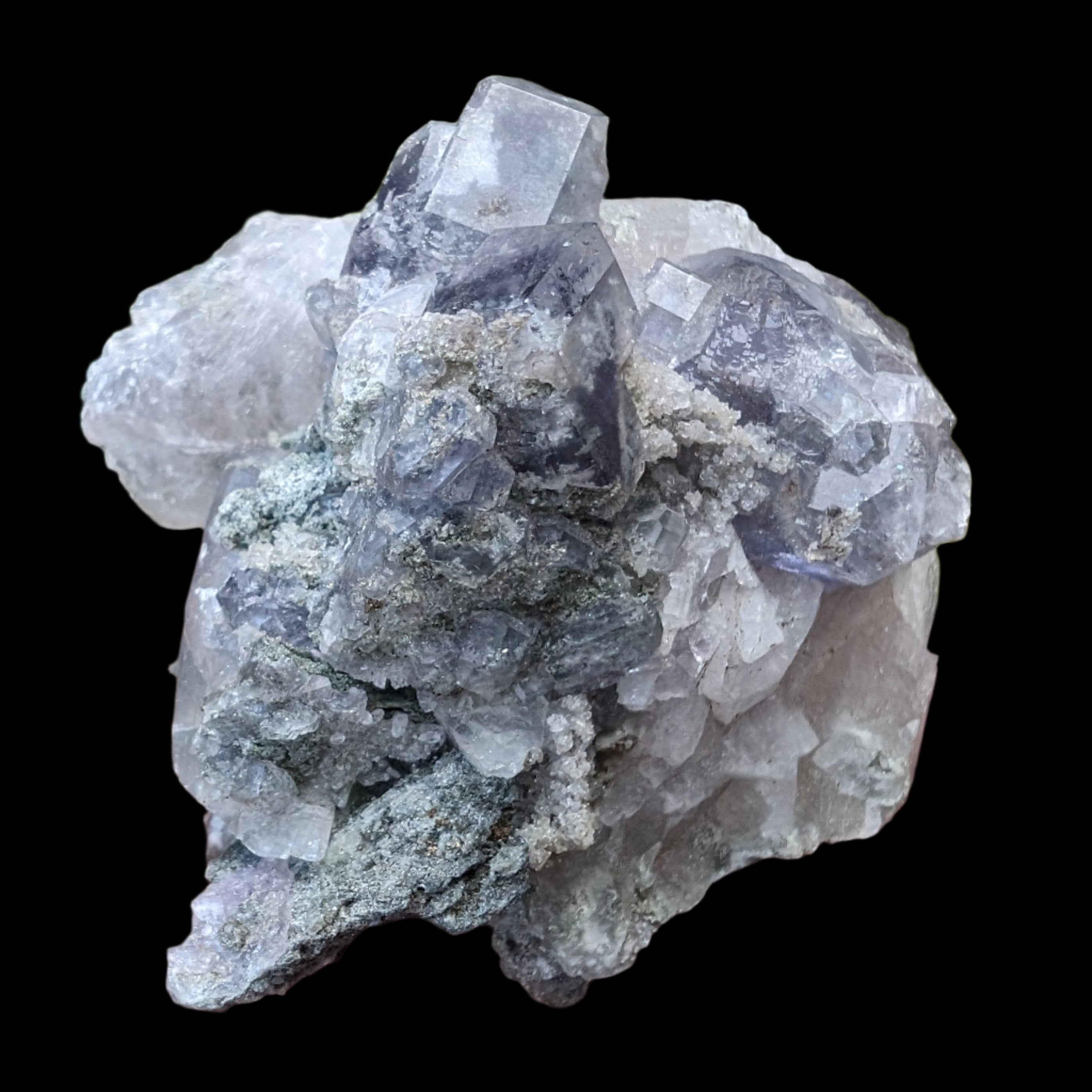Calcite with Purple Fluorite cluster 103g  in sunlight - Rocks and Things Store