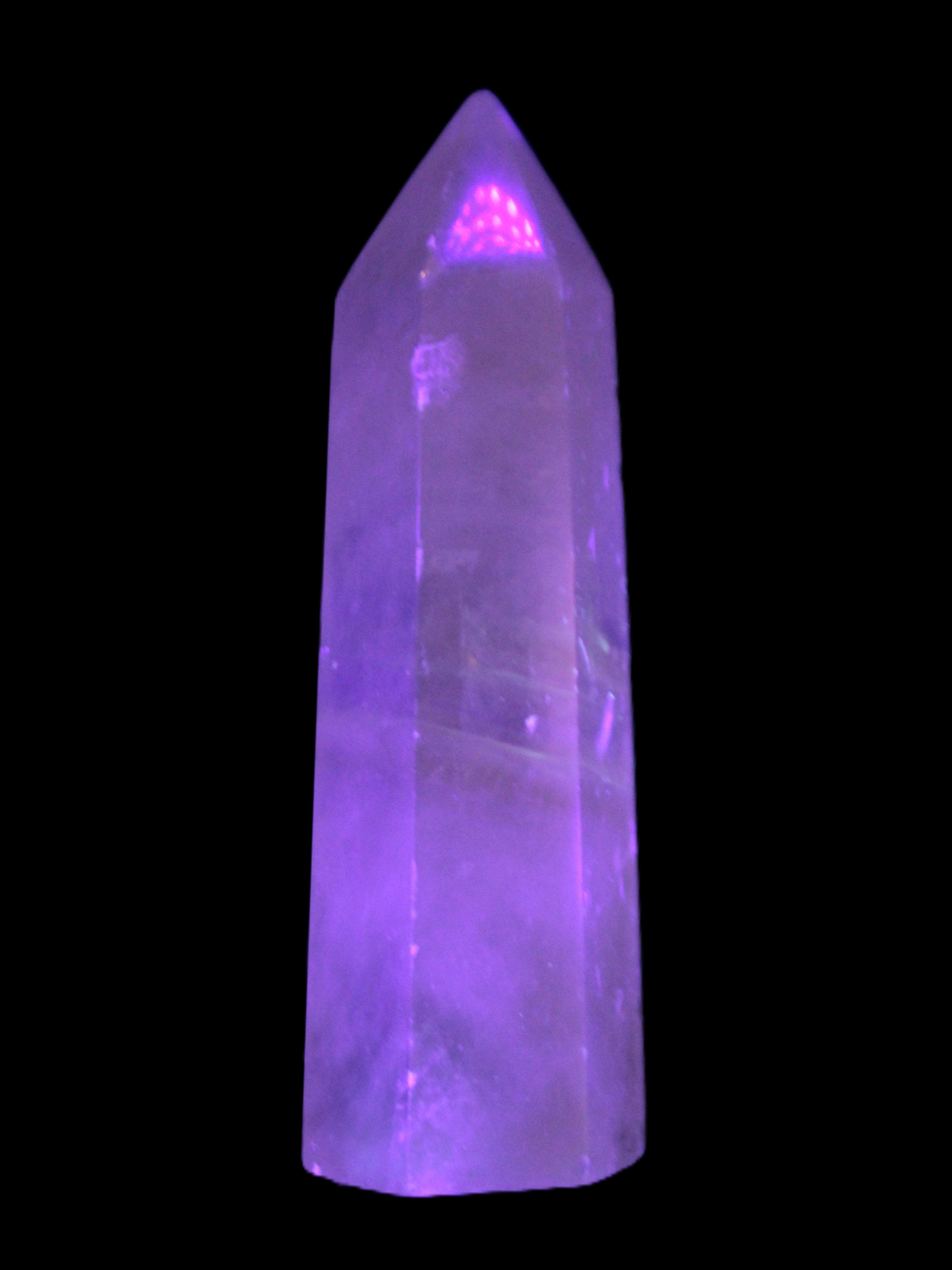 Yellow Calcite spar obelisk from Iceland  216g in UV light - Rocks and Things Store