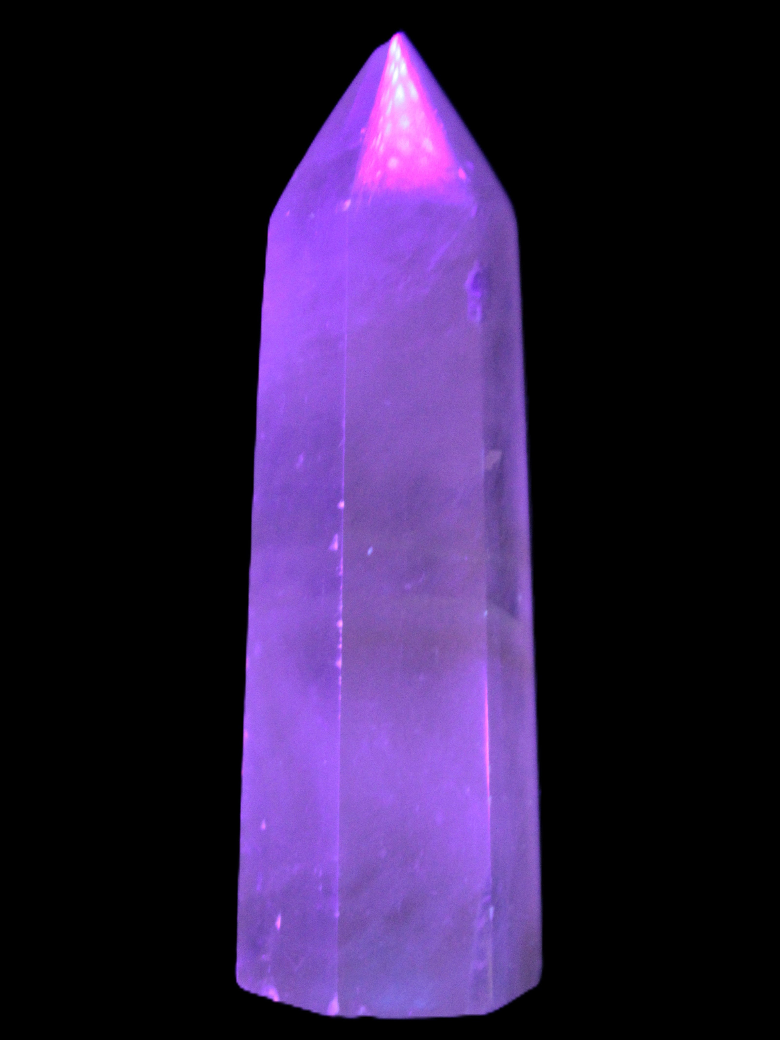 Yellow Calcite spar obelisk from Iceland 216g in UV light Rocks and Things Store