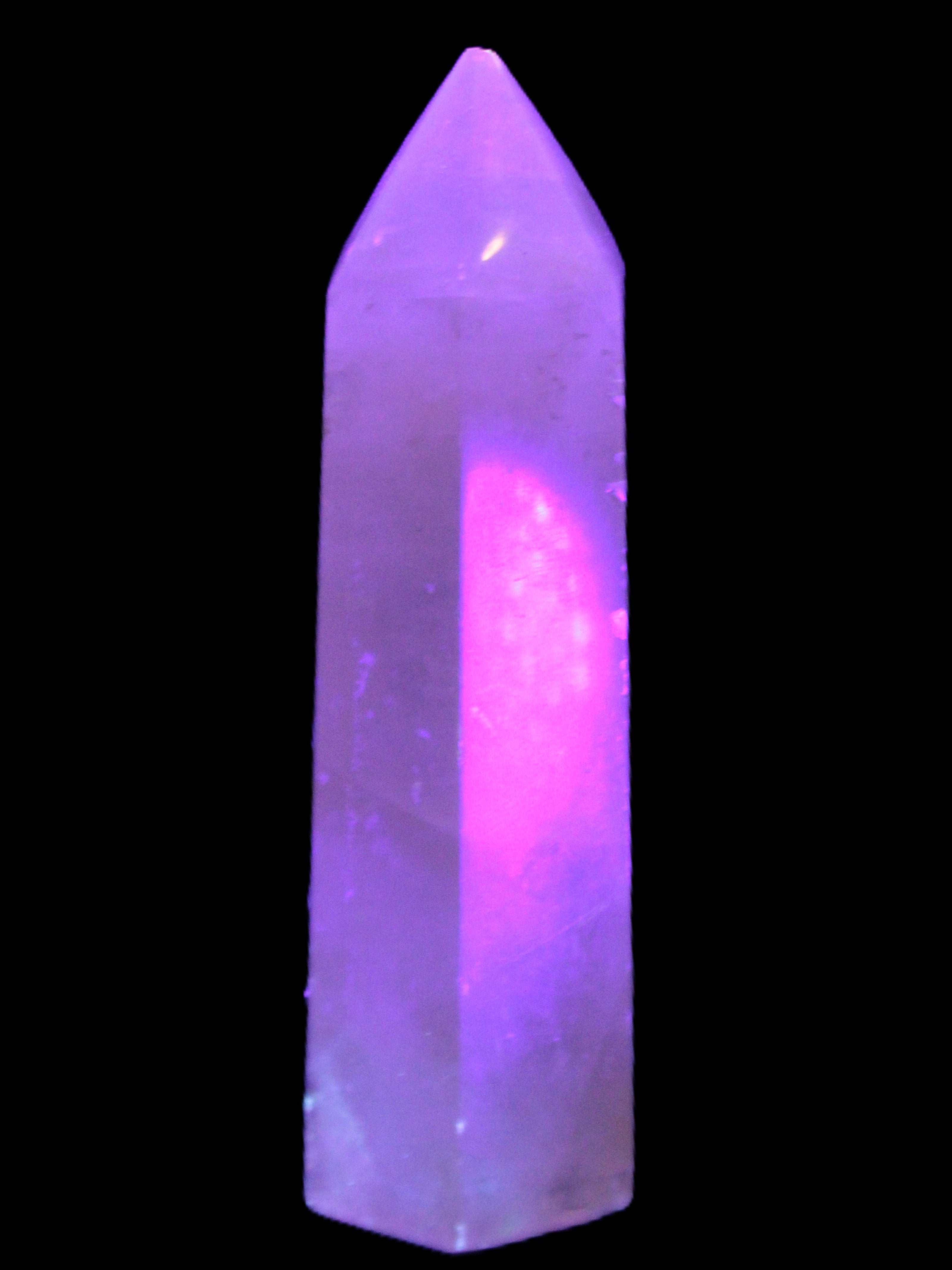 Yellow Calcite spar obelisk from Iceland 216g in UV light Rocks and Things Store