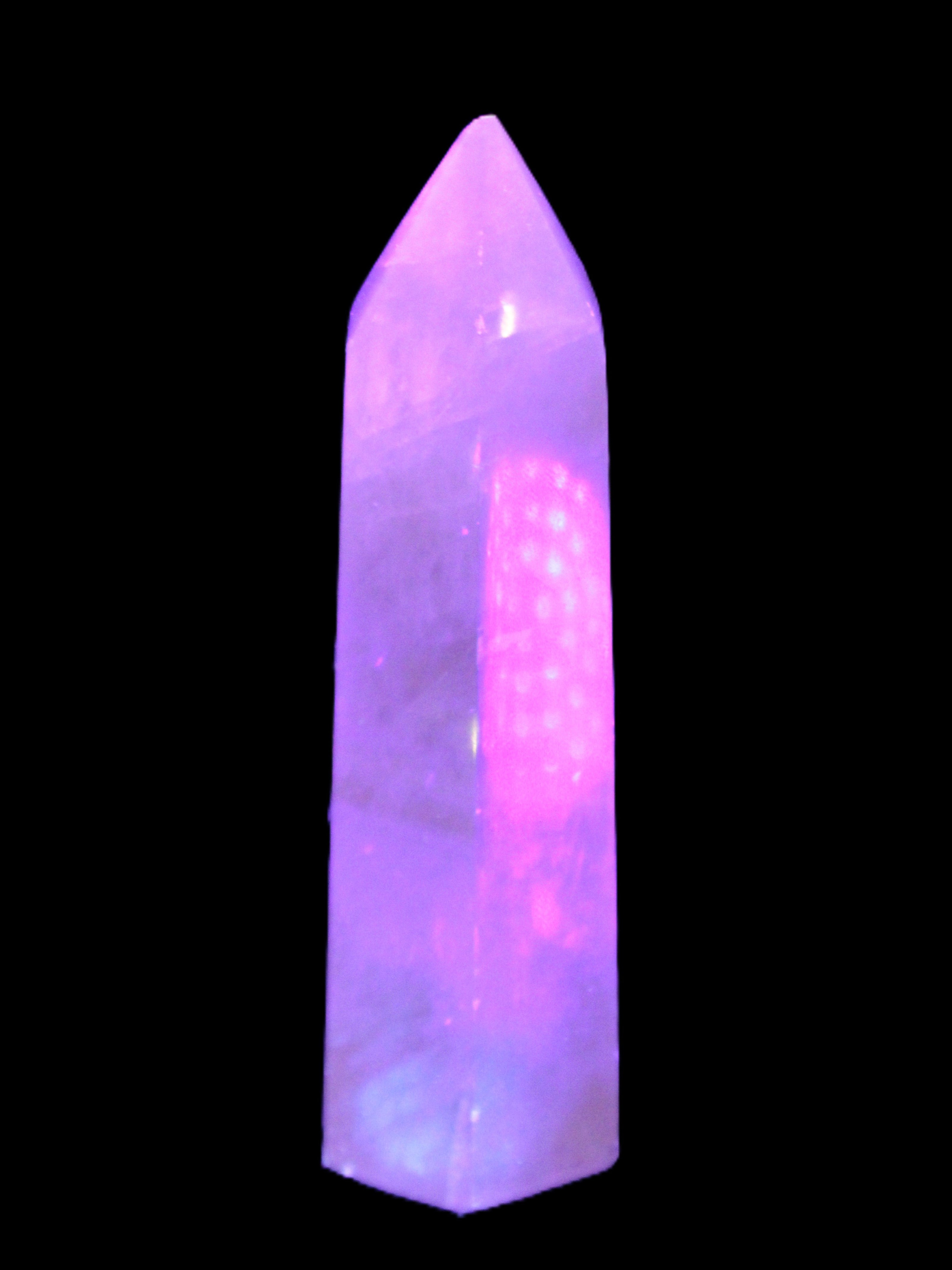 Yellow Calcite spar obelisk from Iceland 216g in UV light Rocks and Things Store
