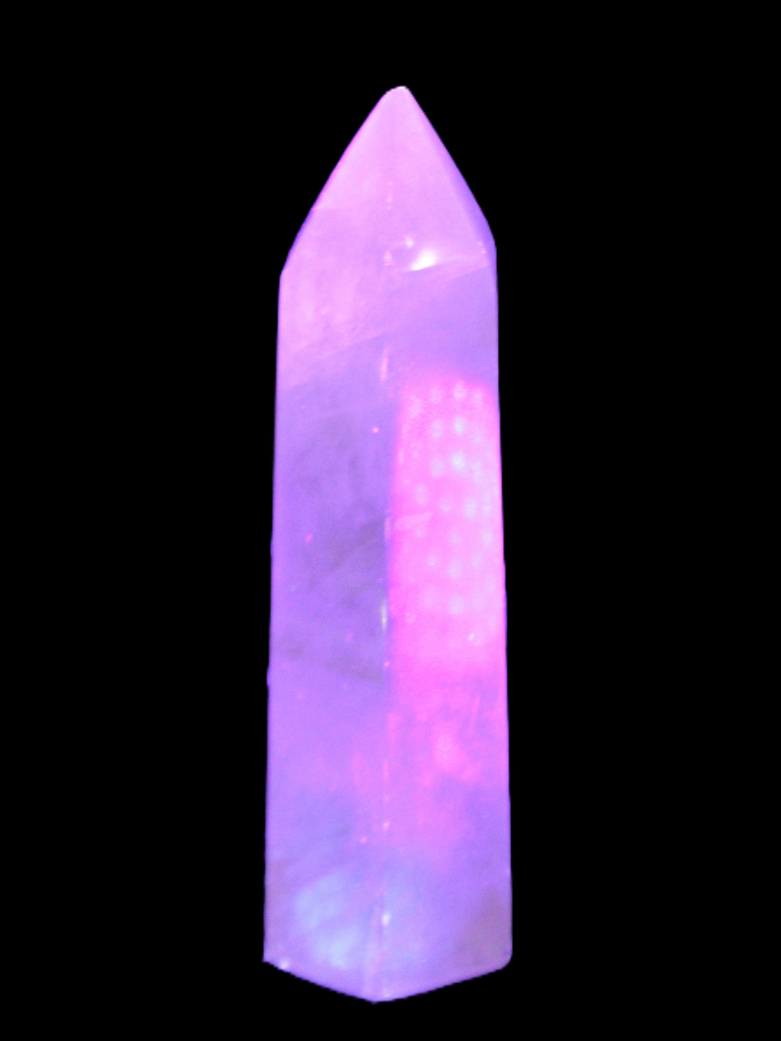 Yellow Calcite spar obelisk from Iceland 216g in UV light Rocks and Things Store